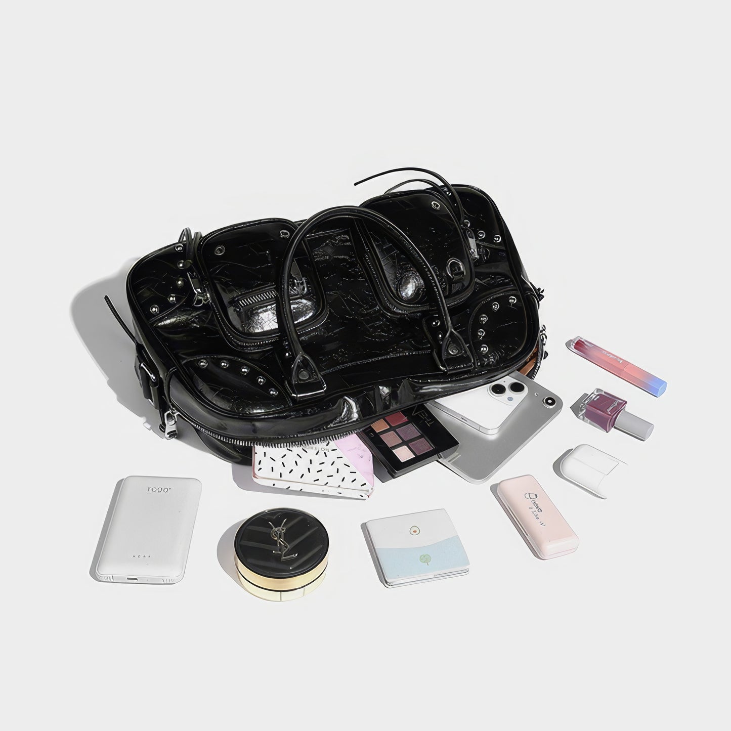 Studded Patent Utility Handbag
