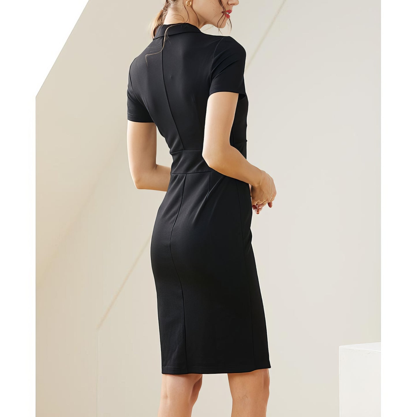 Wrap Waist Notch Collar Pencil Dress