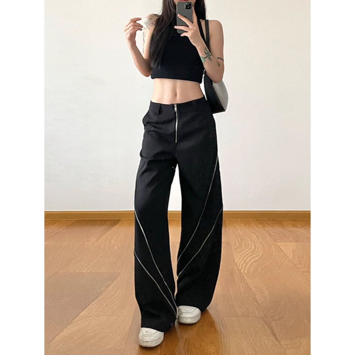 Zipper Detail Wide-Leg Pants