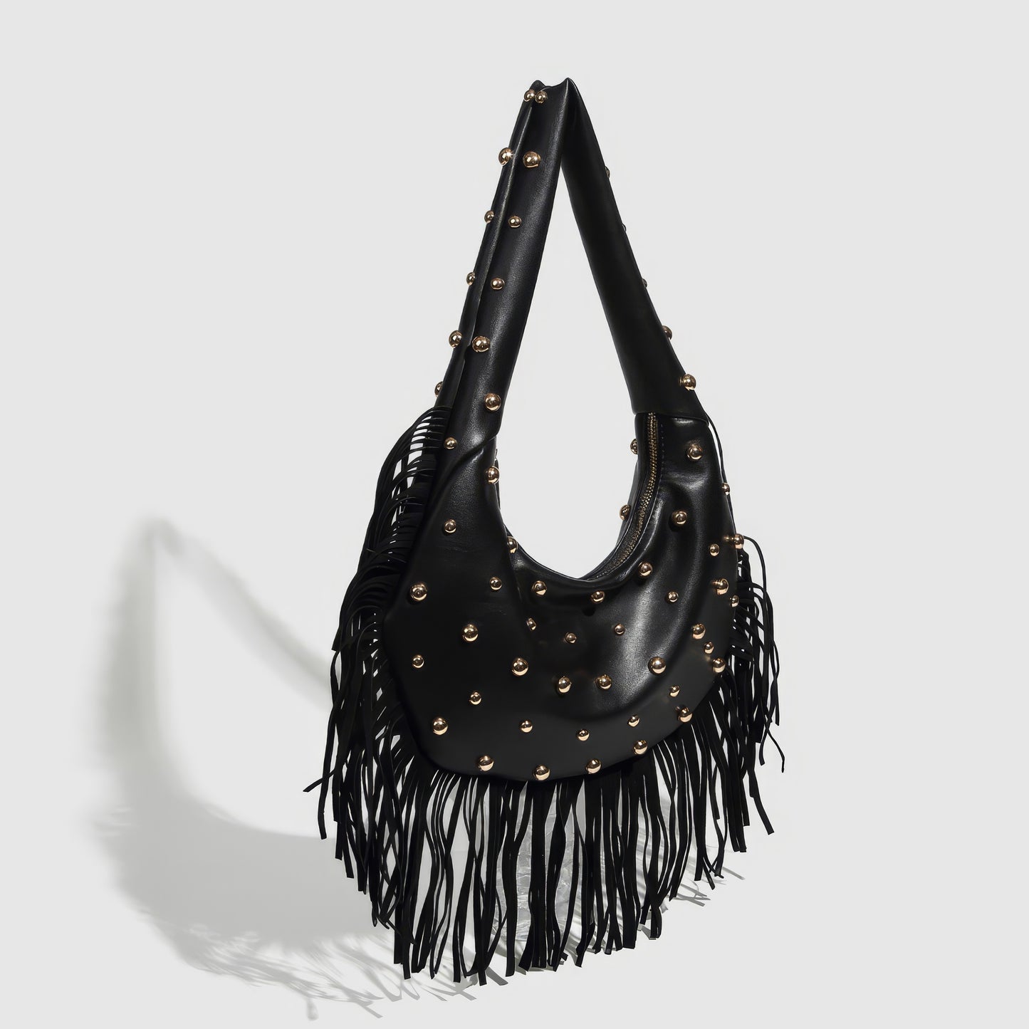 Fringed Studded Crescent Shoulder Bag