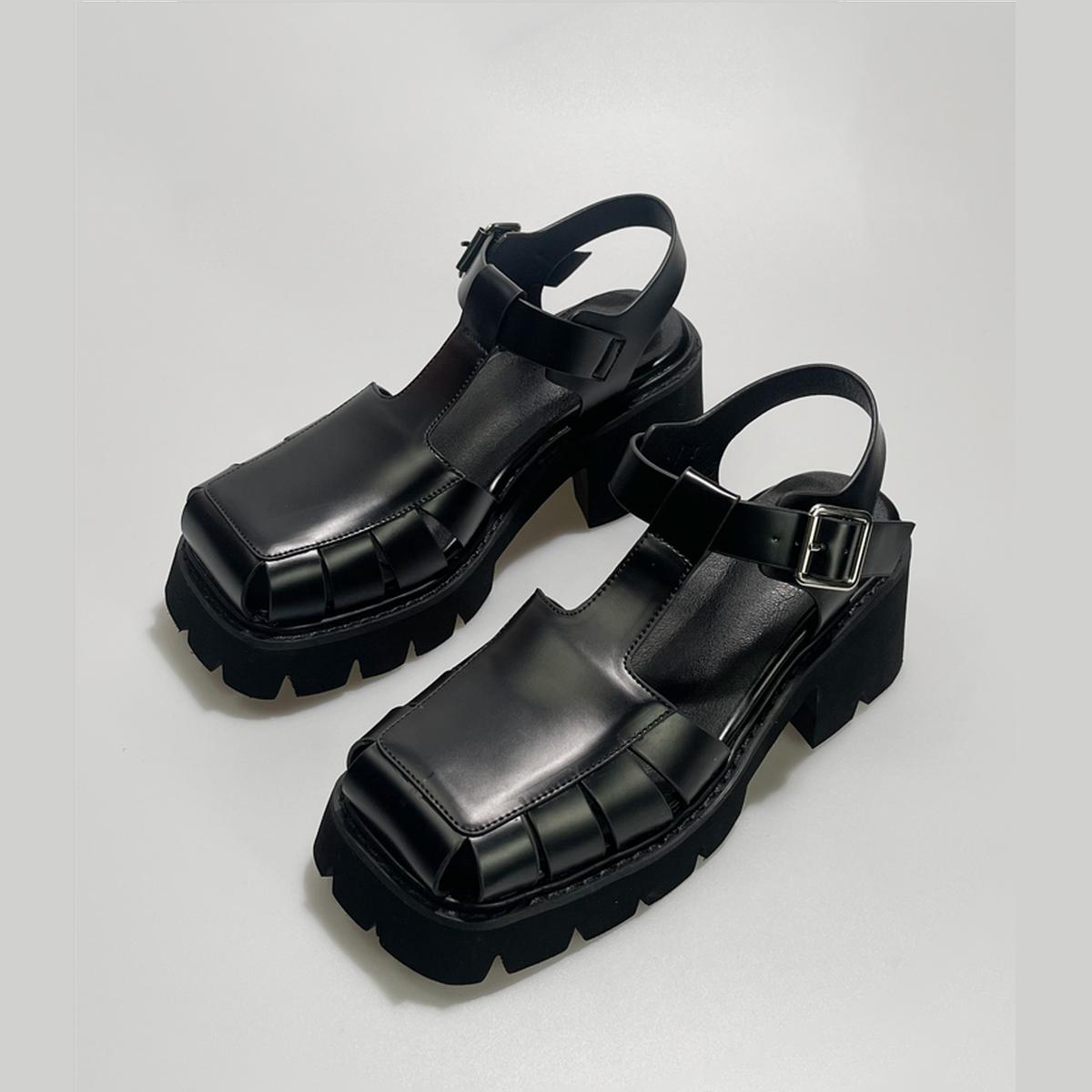 Black Chunky Platform Buckle Sandals