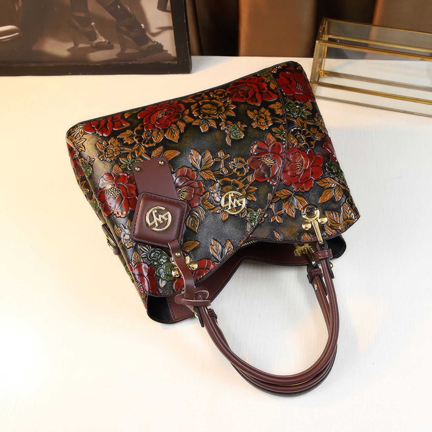 Vintage Embossed Rose Tote Bag with Gold Accents