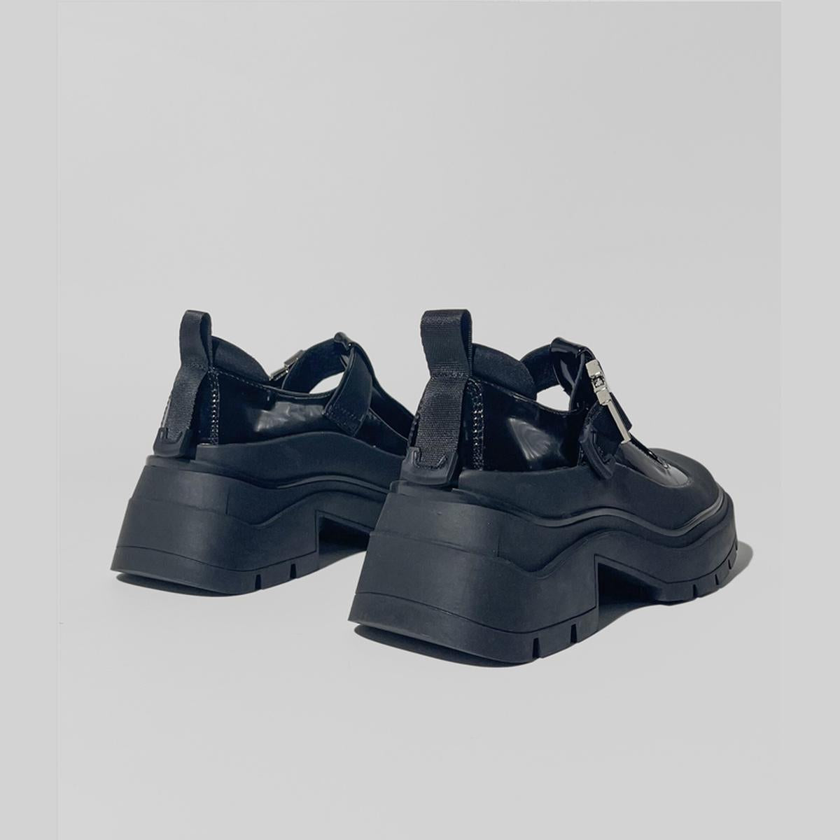 Black Patent Chunky T-Strap Shoes