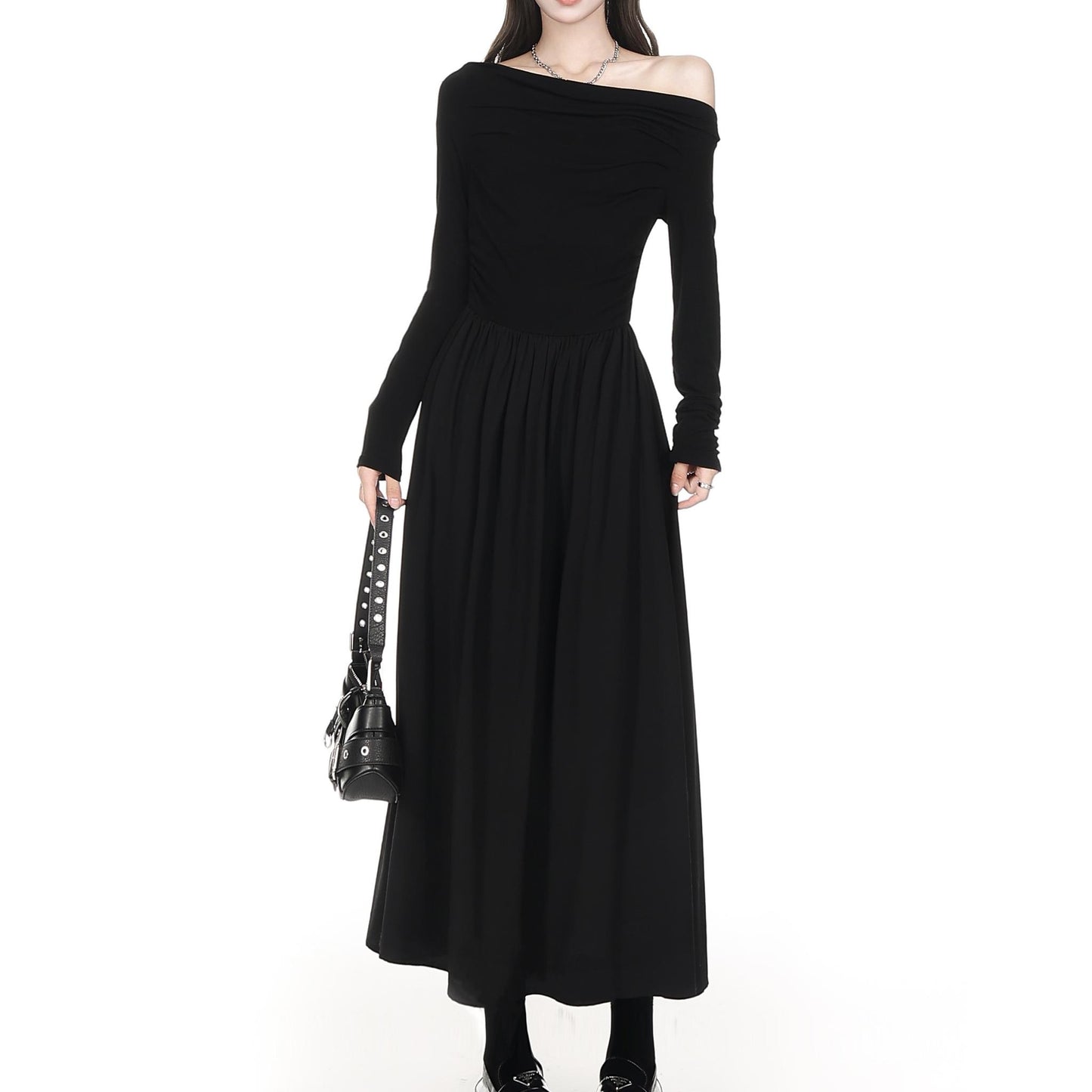 Draped Off Shoulder Long Sleeve Maxi Dress