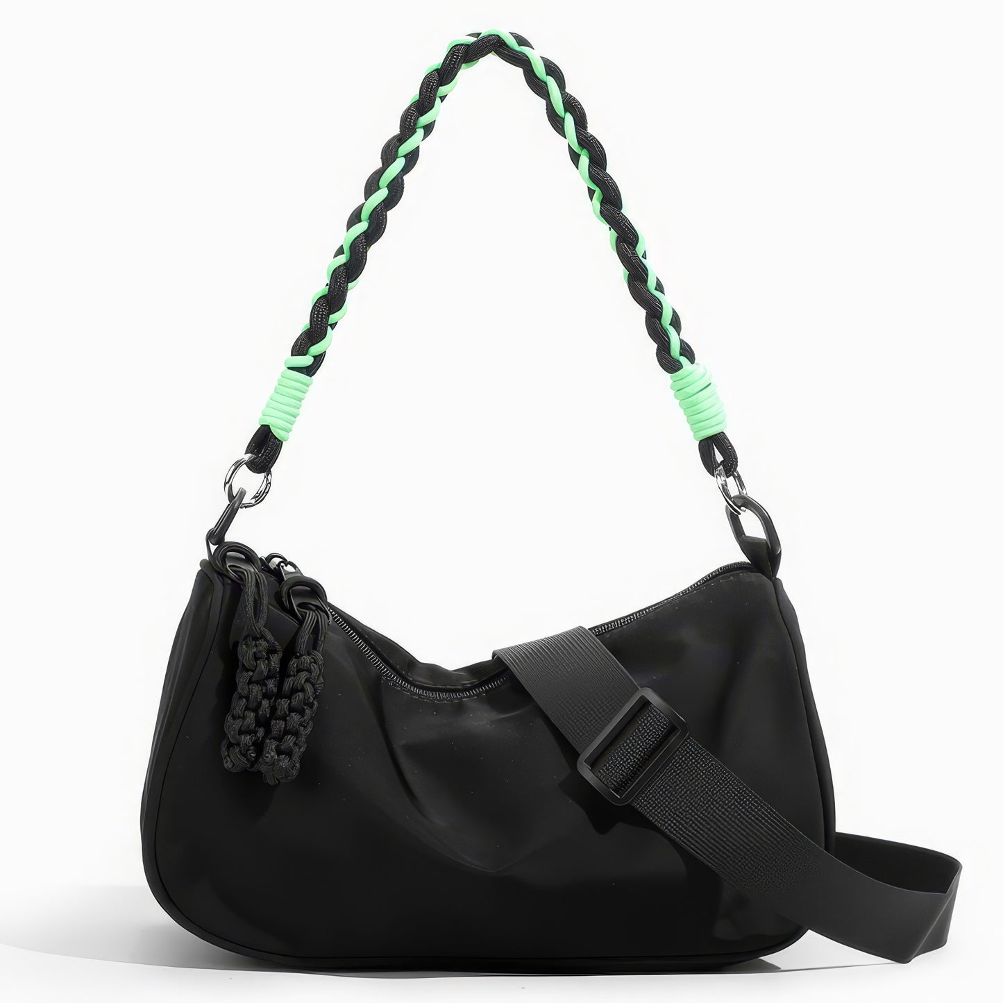 Two-Tone Rope Strap Black Nylon Shoulder Bag