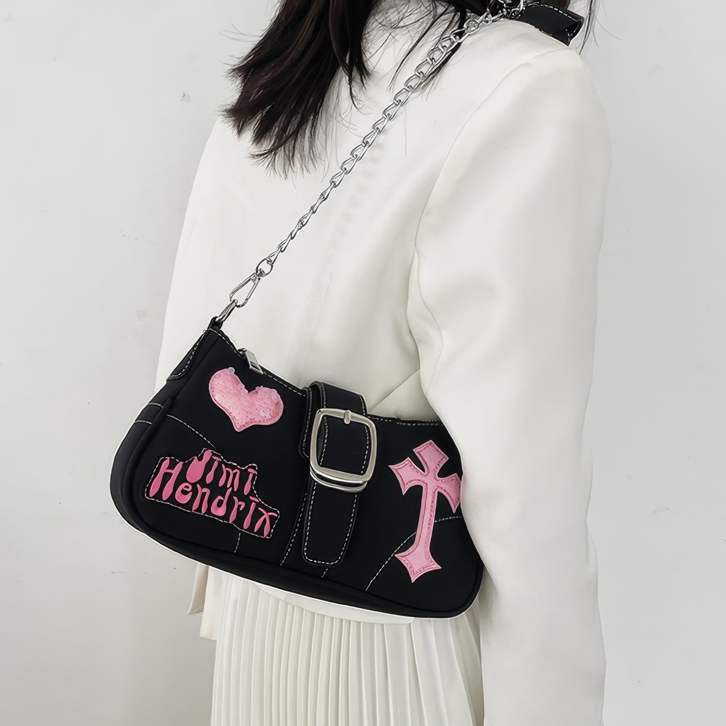 Pink Patch Chain Buckle Strap Shoulder Bag