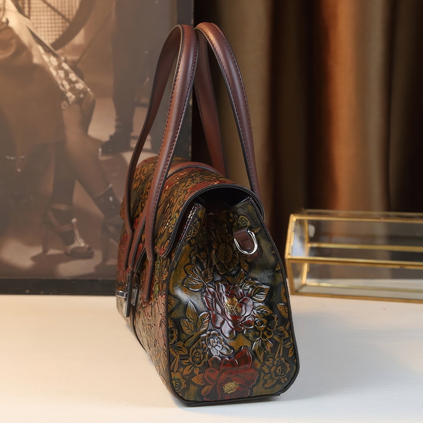 Embossed Vintage Floral Brown Handle Bag