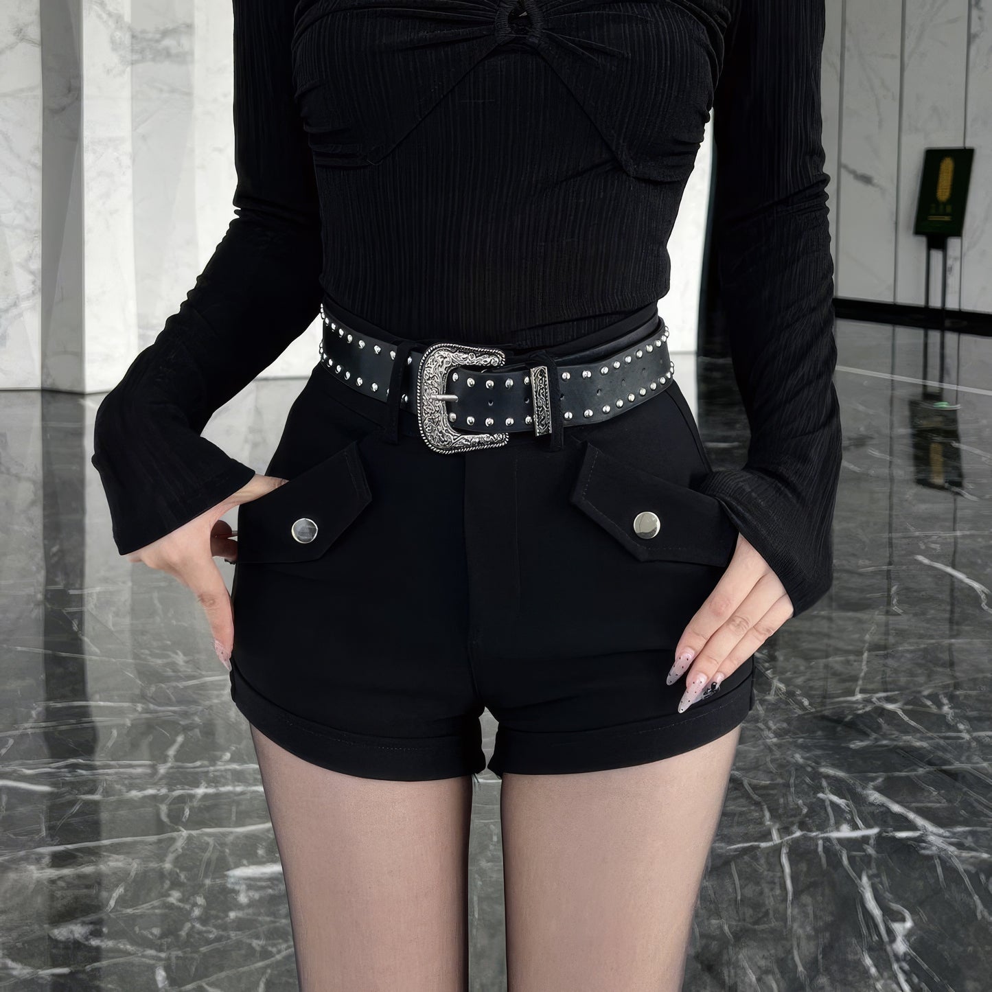 Studded Belt Flap Pocket Shorts
