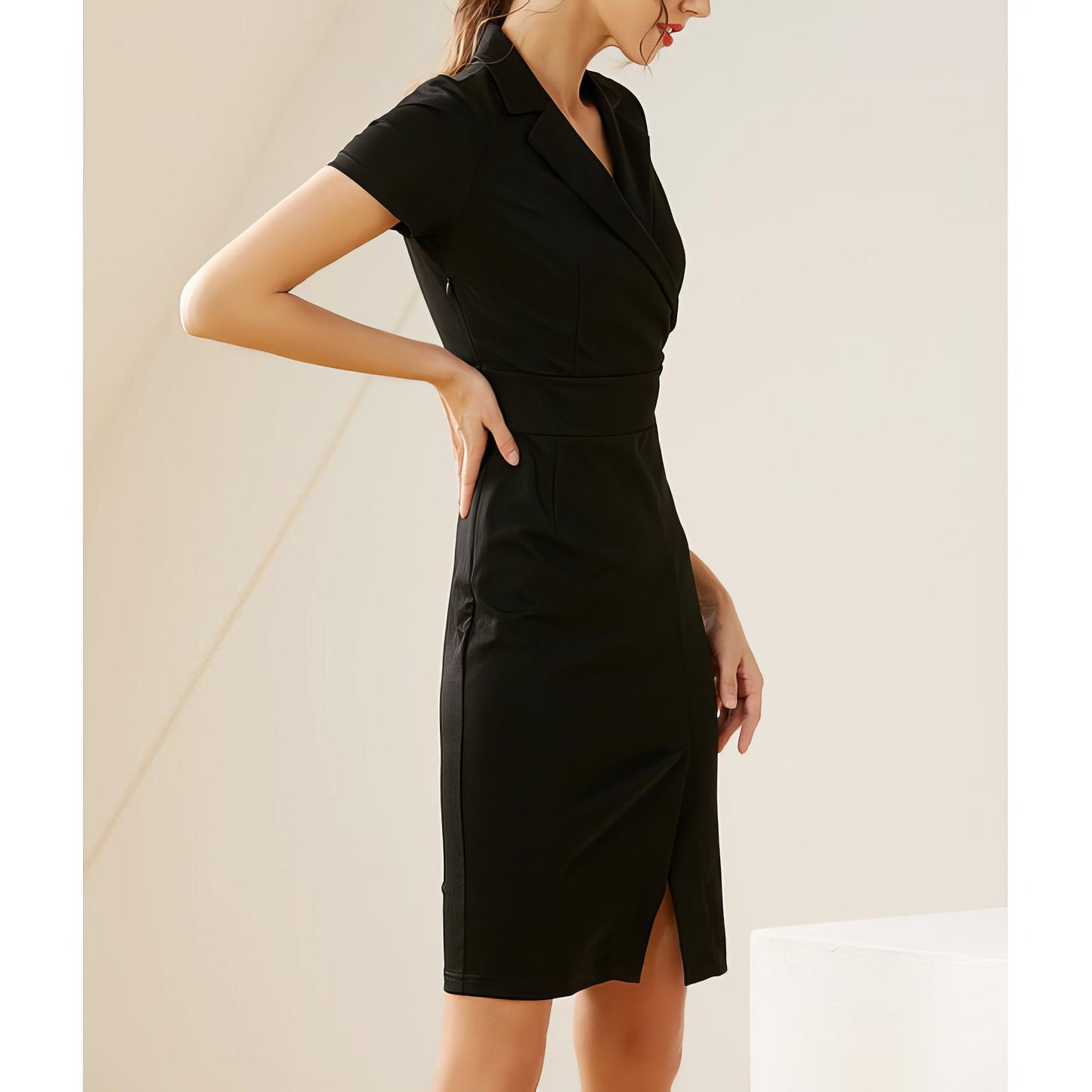 Wrap Waist Notch Collar Pencil Dress