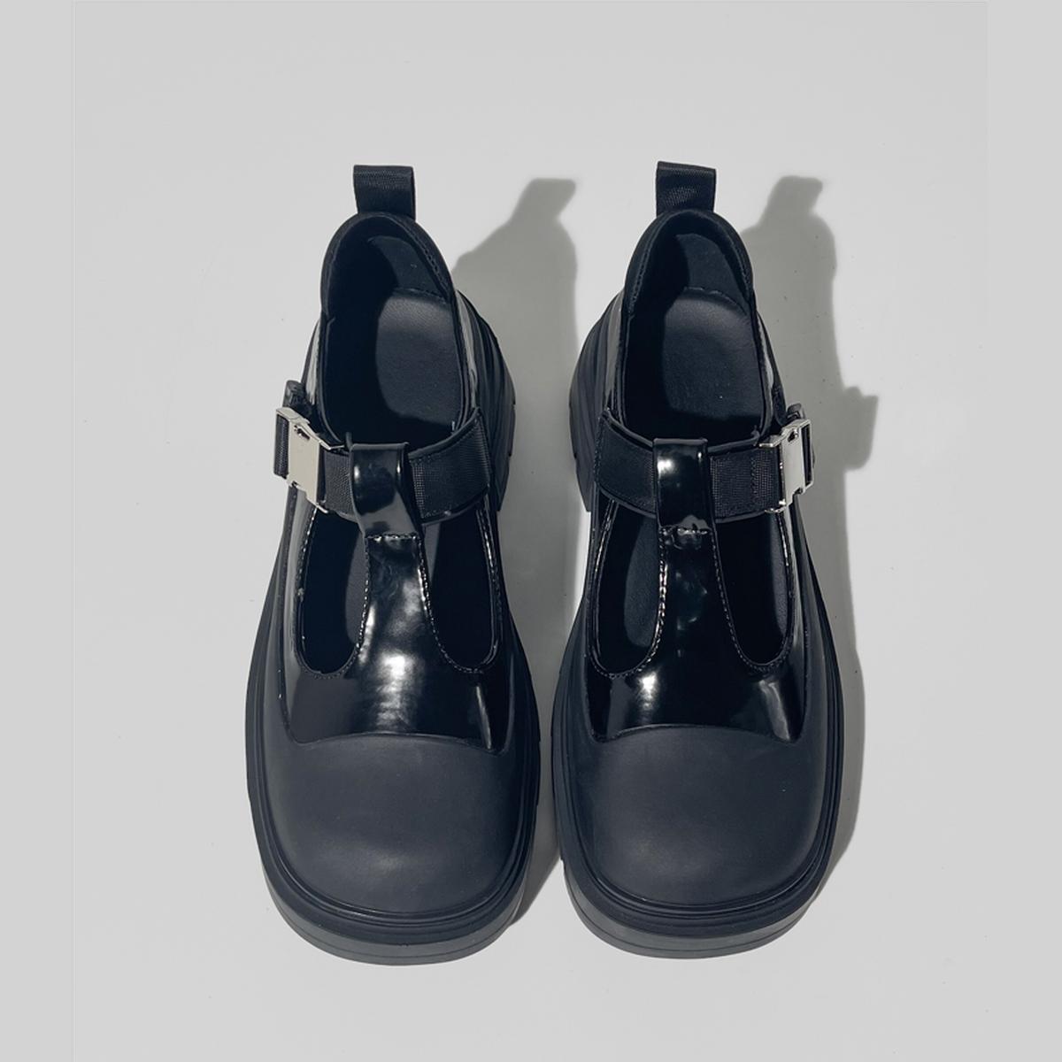 Black Patent Chunky T-Strap Shoes