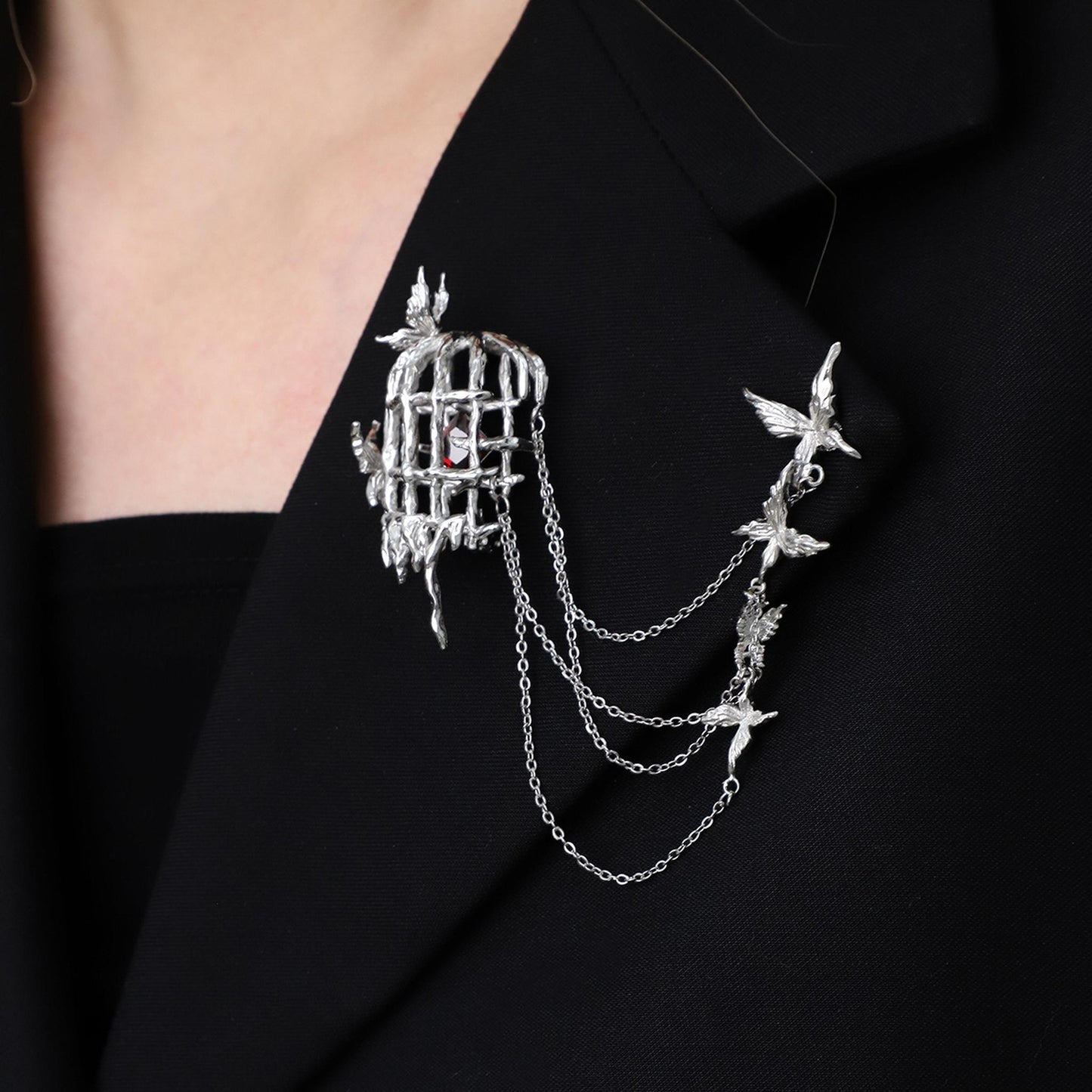 Caged Heart Bird Chain Brooch