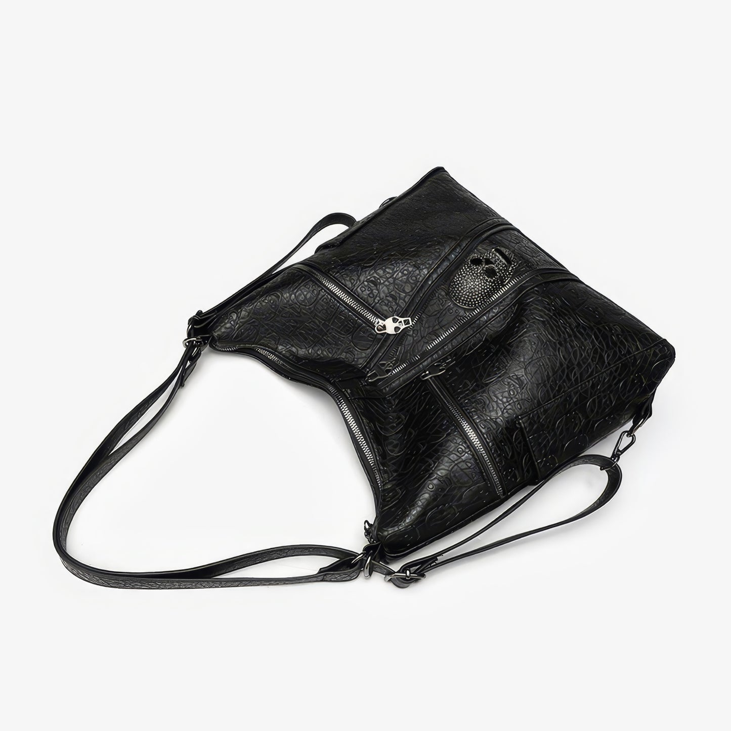 Skull Embossed Zip Detail Hobo Bag
