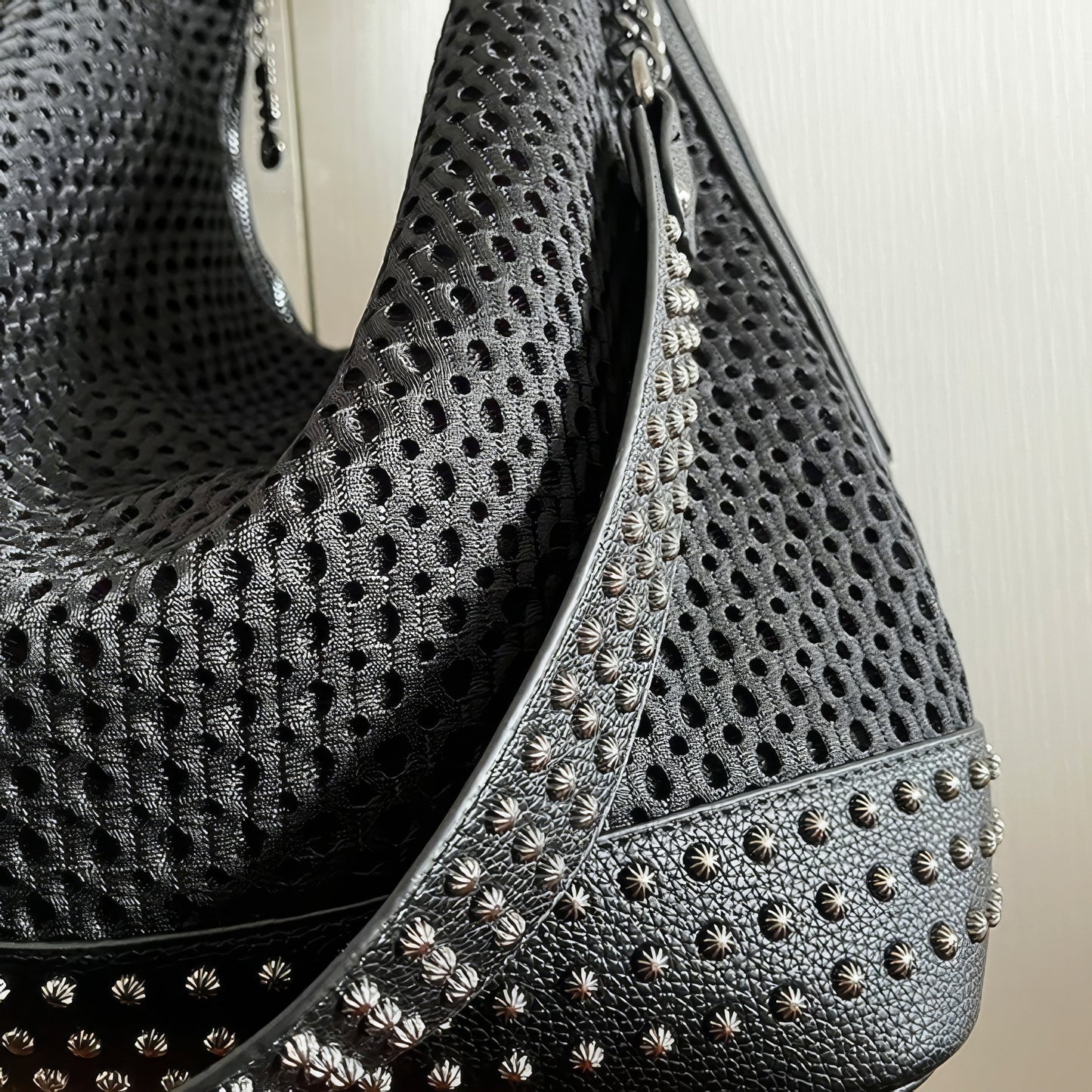 Studded Mesh Chain Strap Hobo Bag