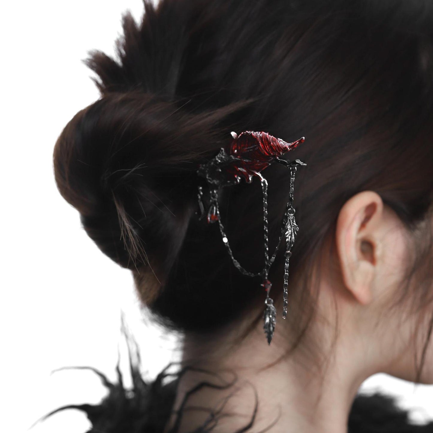 Crimson Feather Dangle Hair Stick