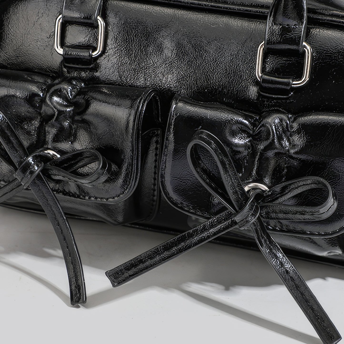 Glossy Bow Pocket Double Strap Shoulder Bag