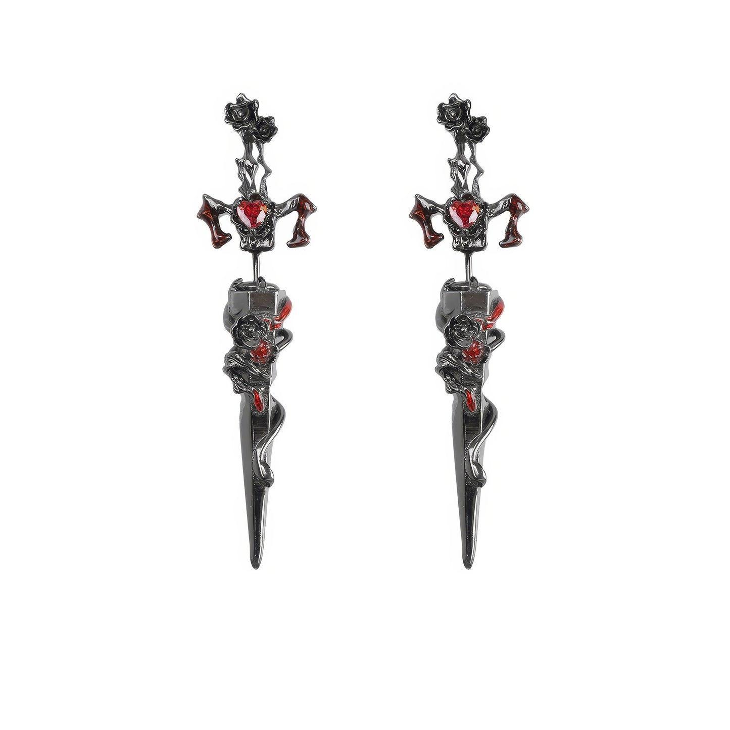 Garnet Cross Dagger Drop Earrings