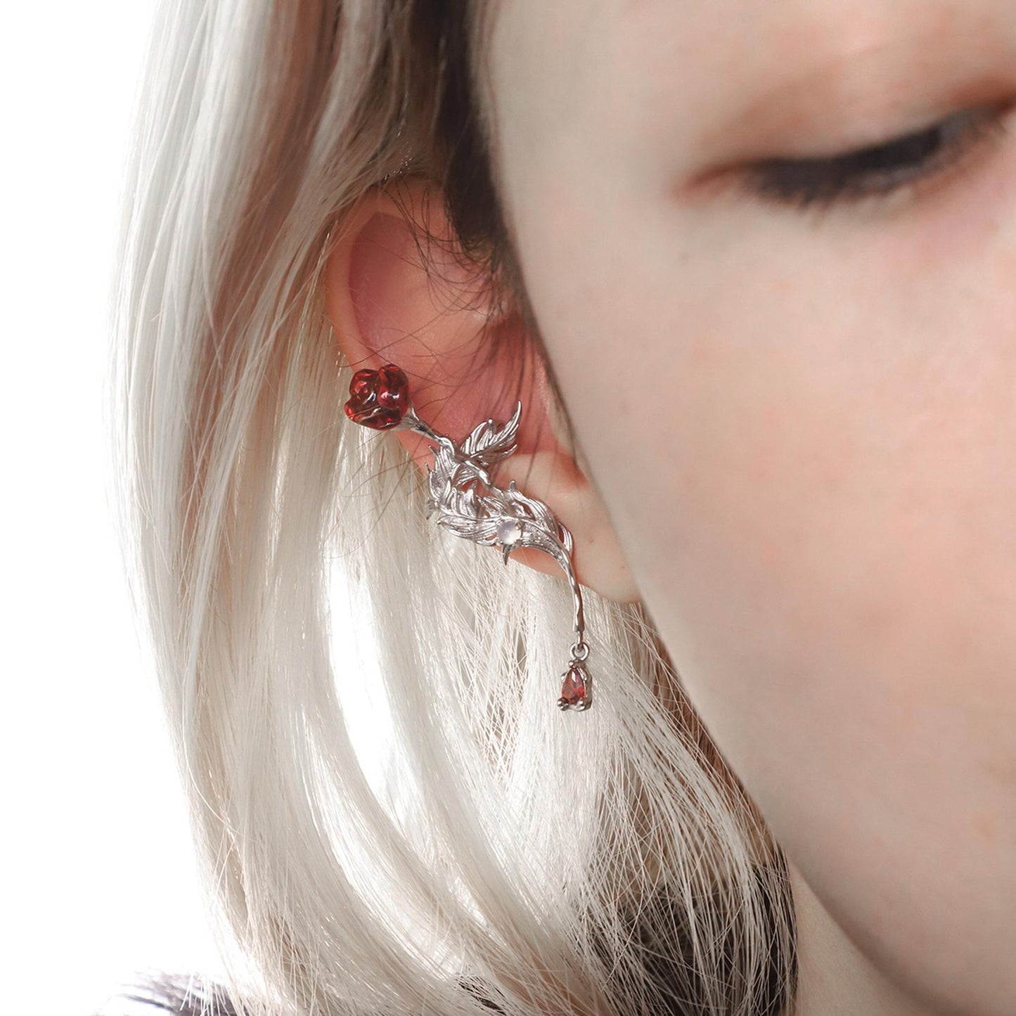 Red Enamel Rose Vine Ear Cuff