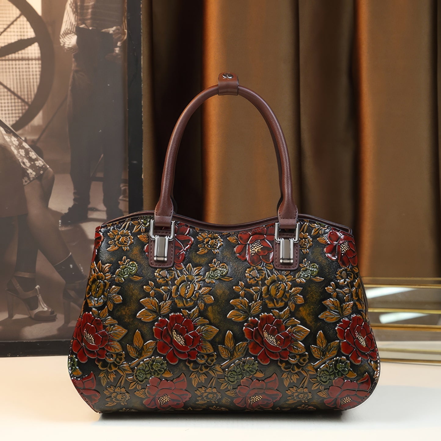 Embossed Rose Pattern Curved Handle Bag