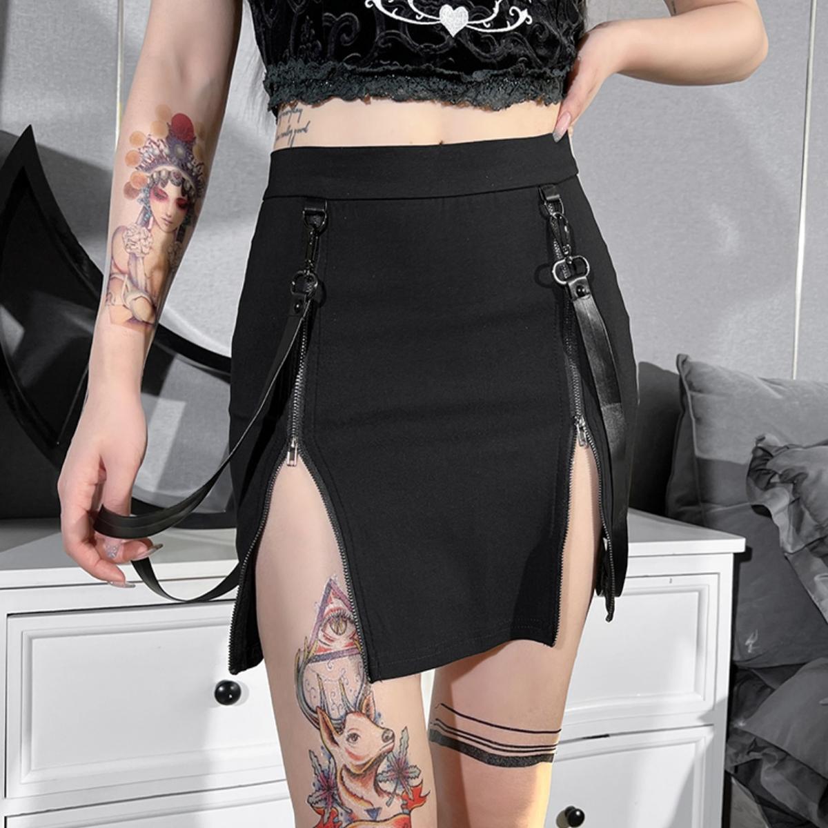 Zip Split Strap Mini Skirt