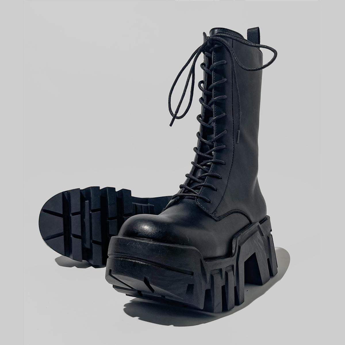 Black Geometric Sole Combat Boots