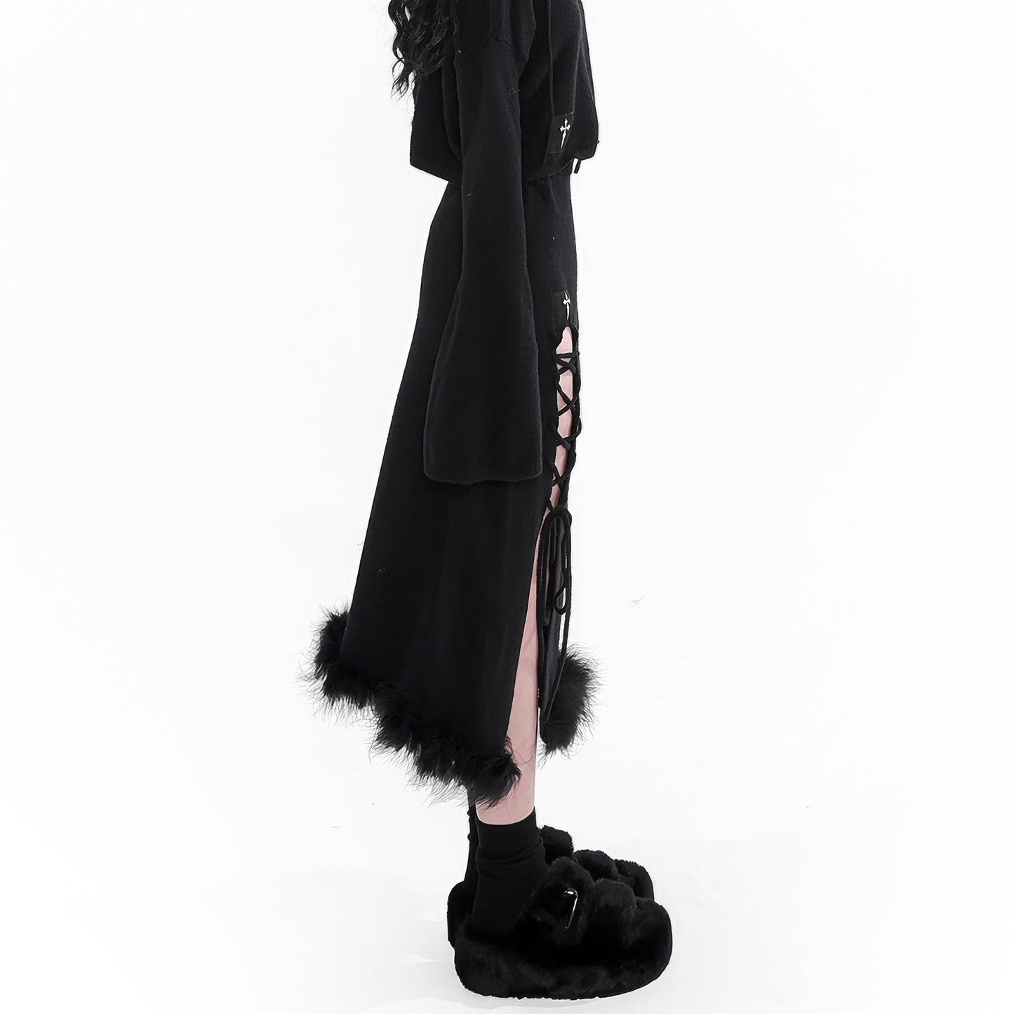 Faux Fur Hem Knit Skirt with Side Lace-Up Detail