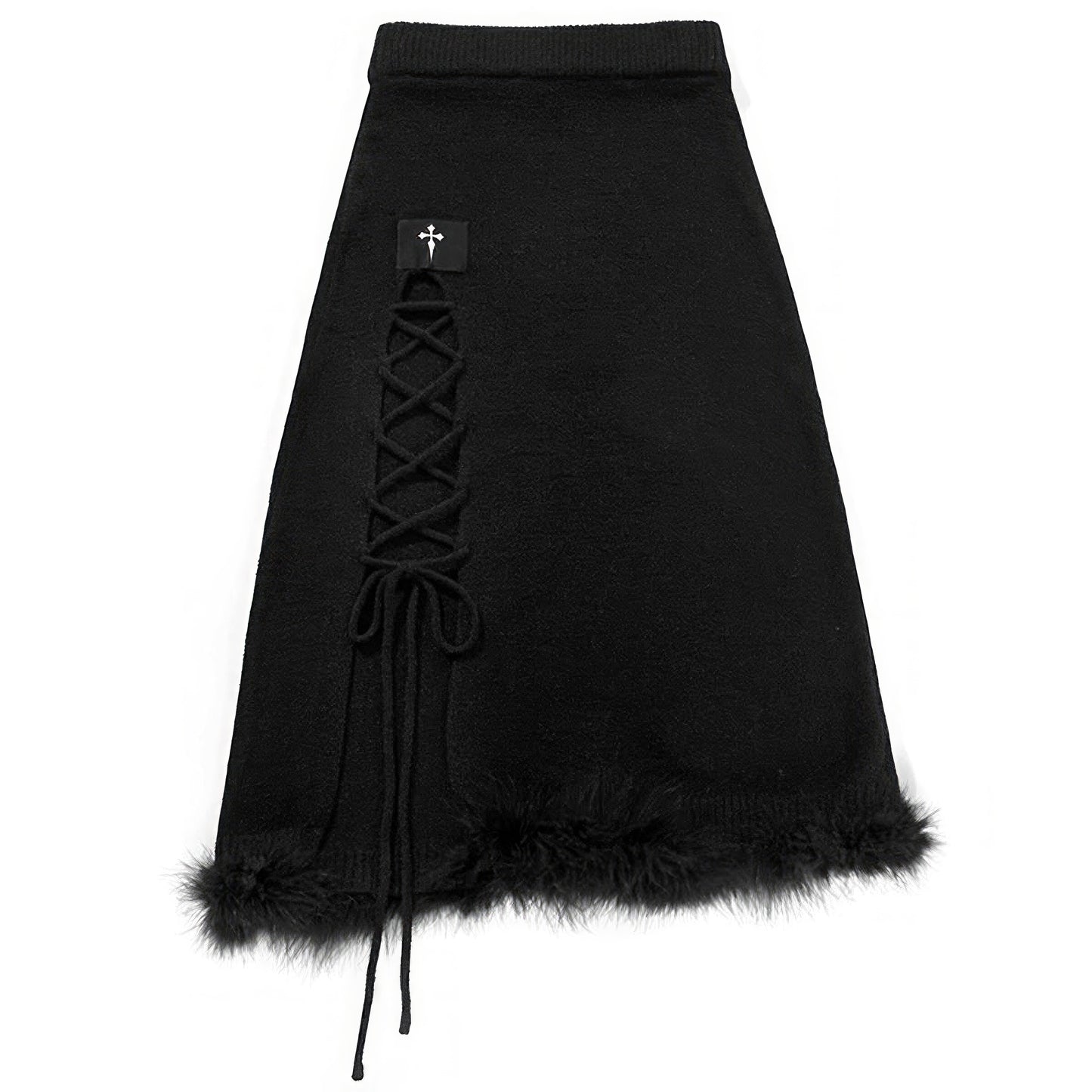 Faux Fur Hem Knit Skirt with Side Lace-Up Detail