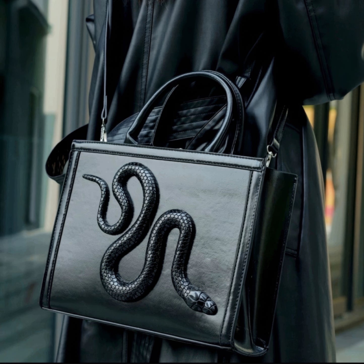 Embossed Snake Detail Black Handbag