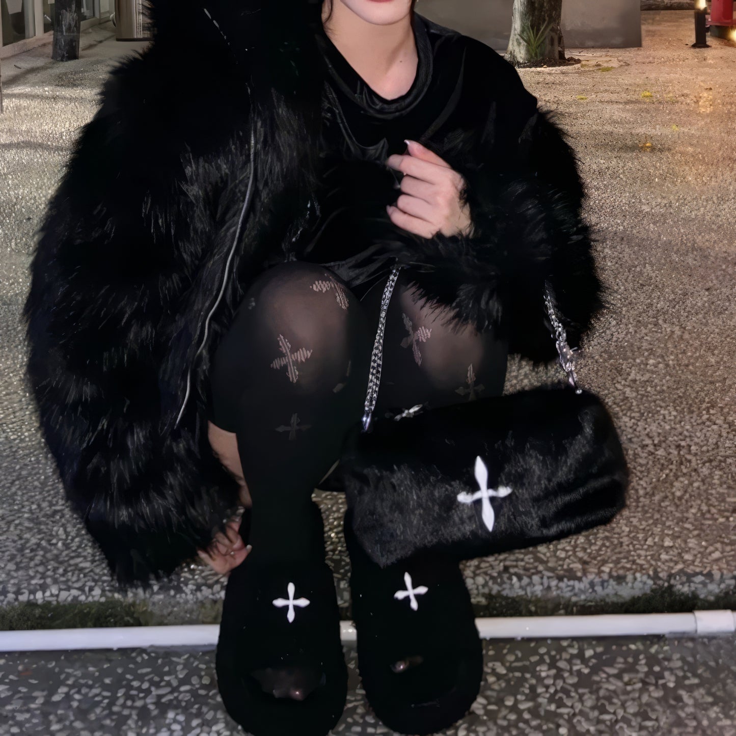 Faux Fur Cross Emblem Chain Shoulder Bag