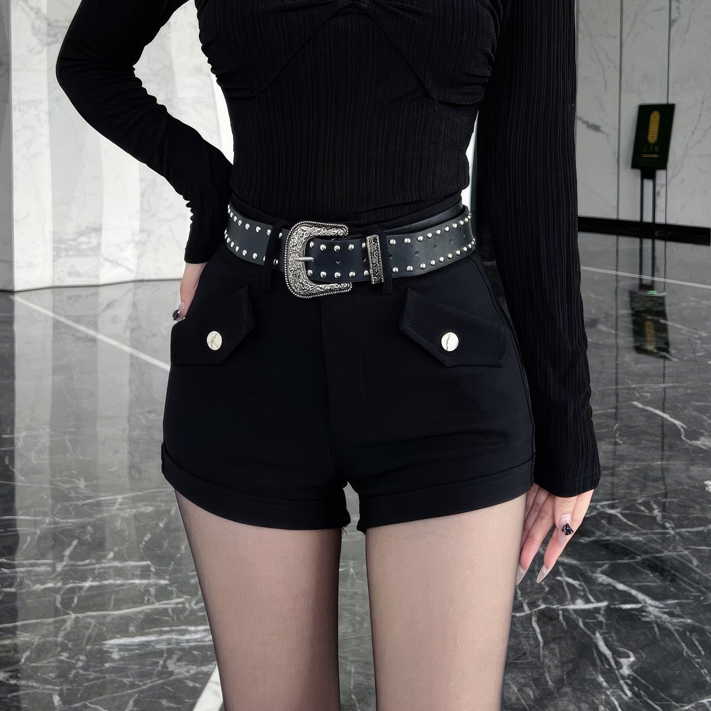 Studded Belt Flap Pocket Shorts