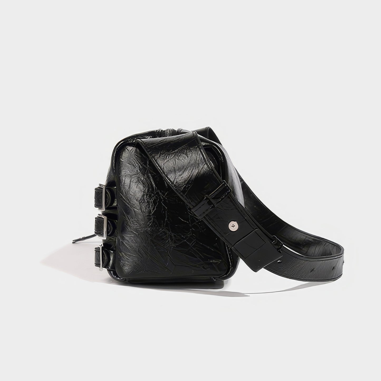 Glossy Buckle Strap Barrel Shoulder Bag