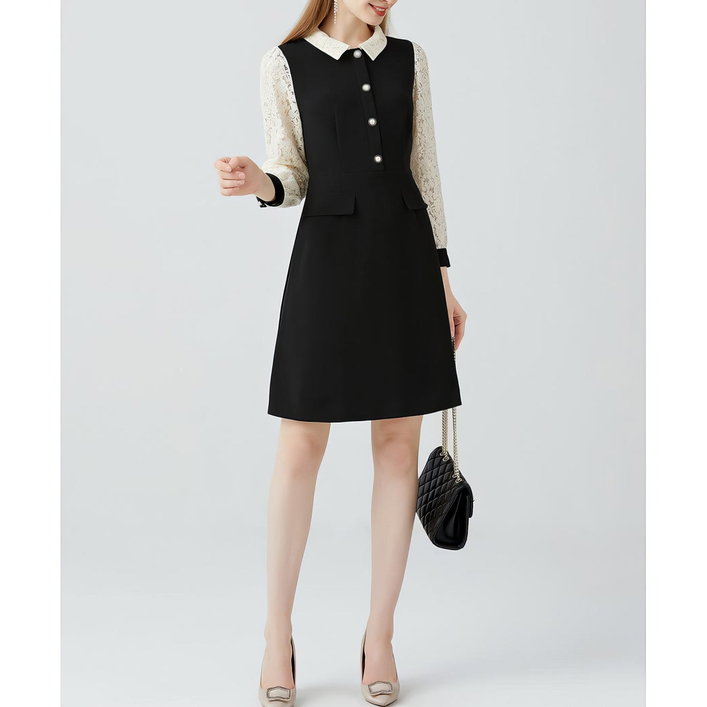 Lace Sleeve Buttoned Black Dress