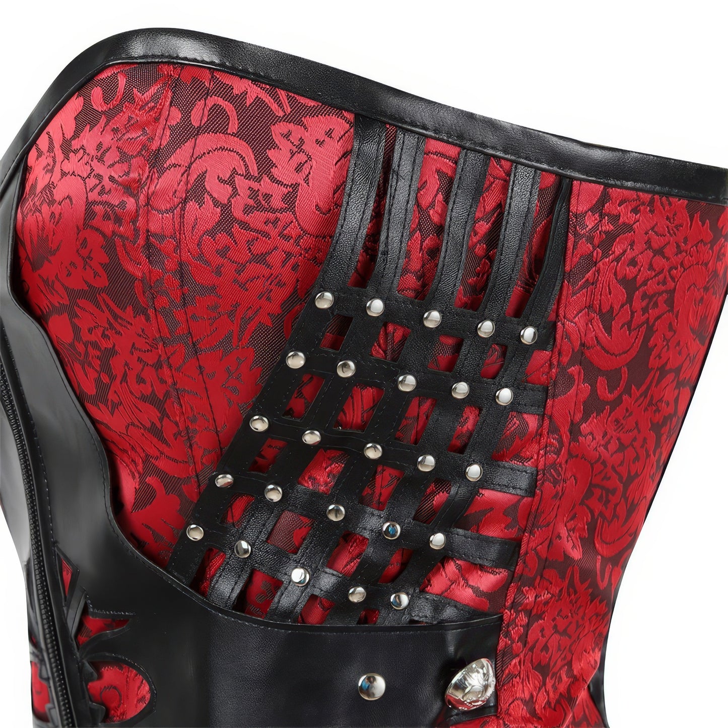Red Faux Leather Studded Brocade Corset