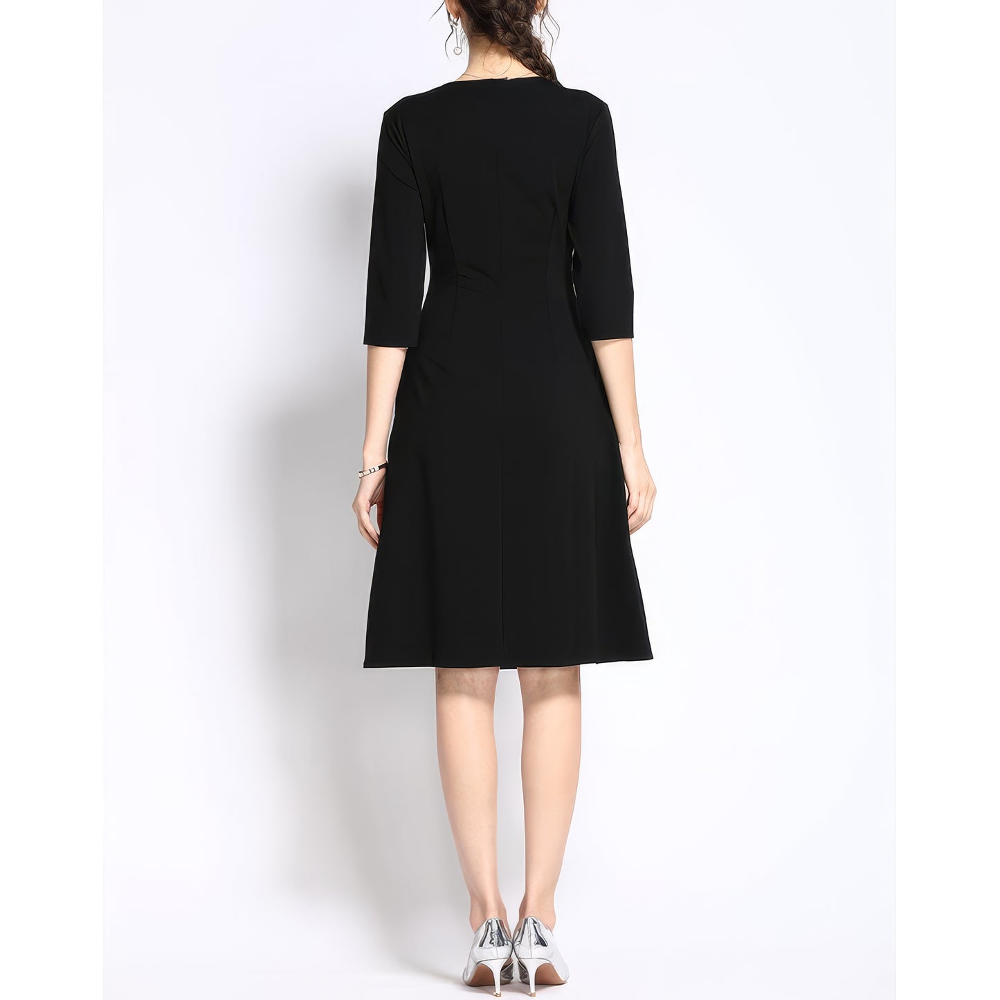 Draped Waist V-Neck Black Dress