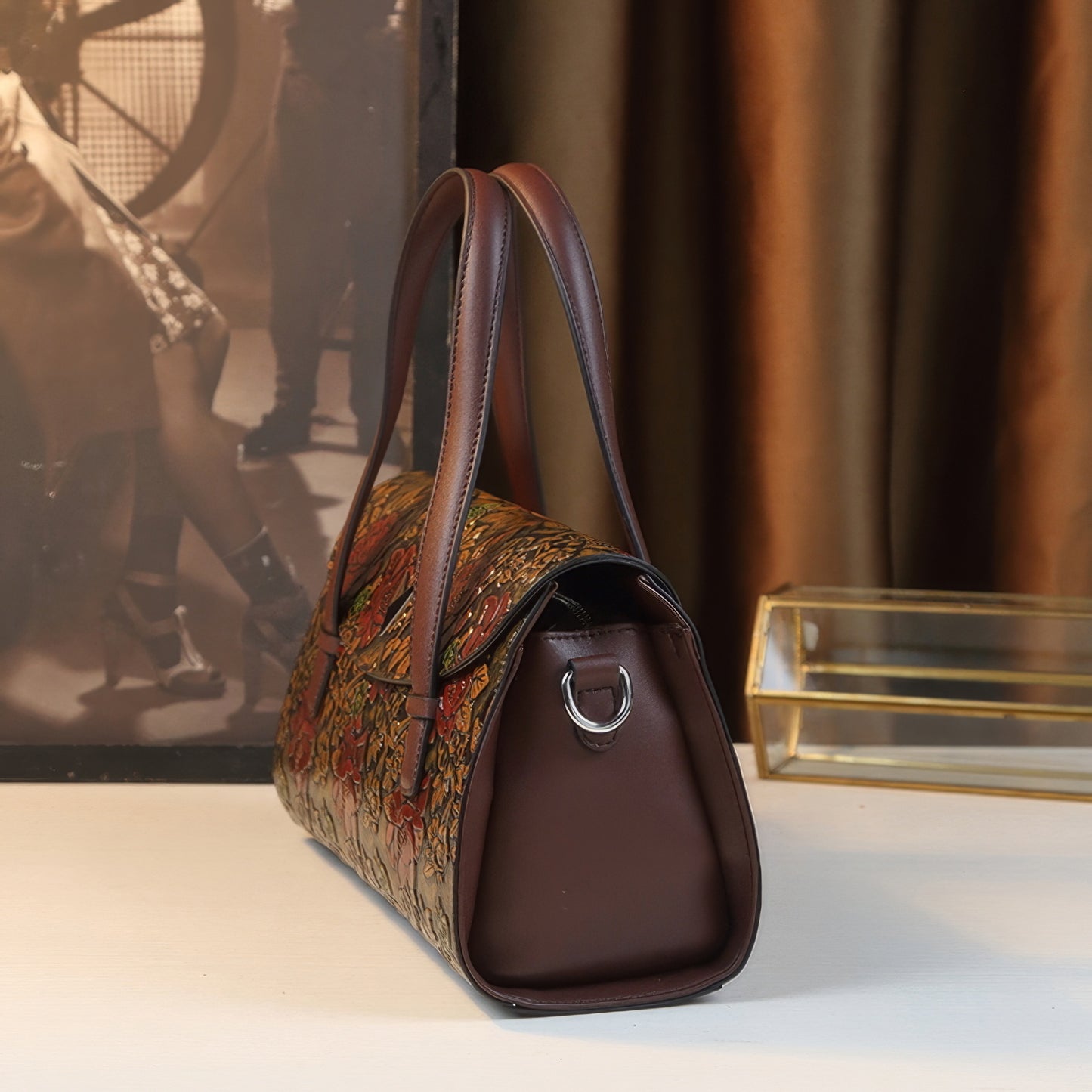 Embossed Burgundy Floral Flap Handle Bag