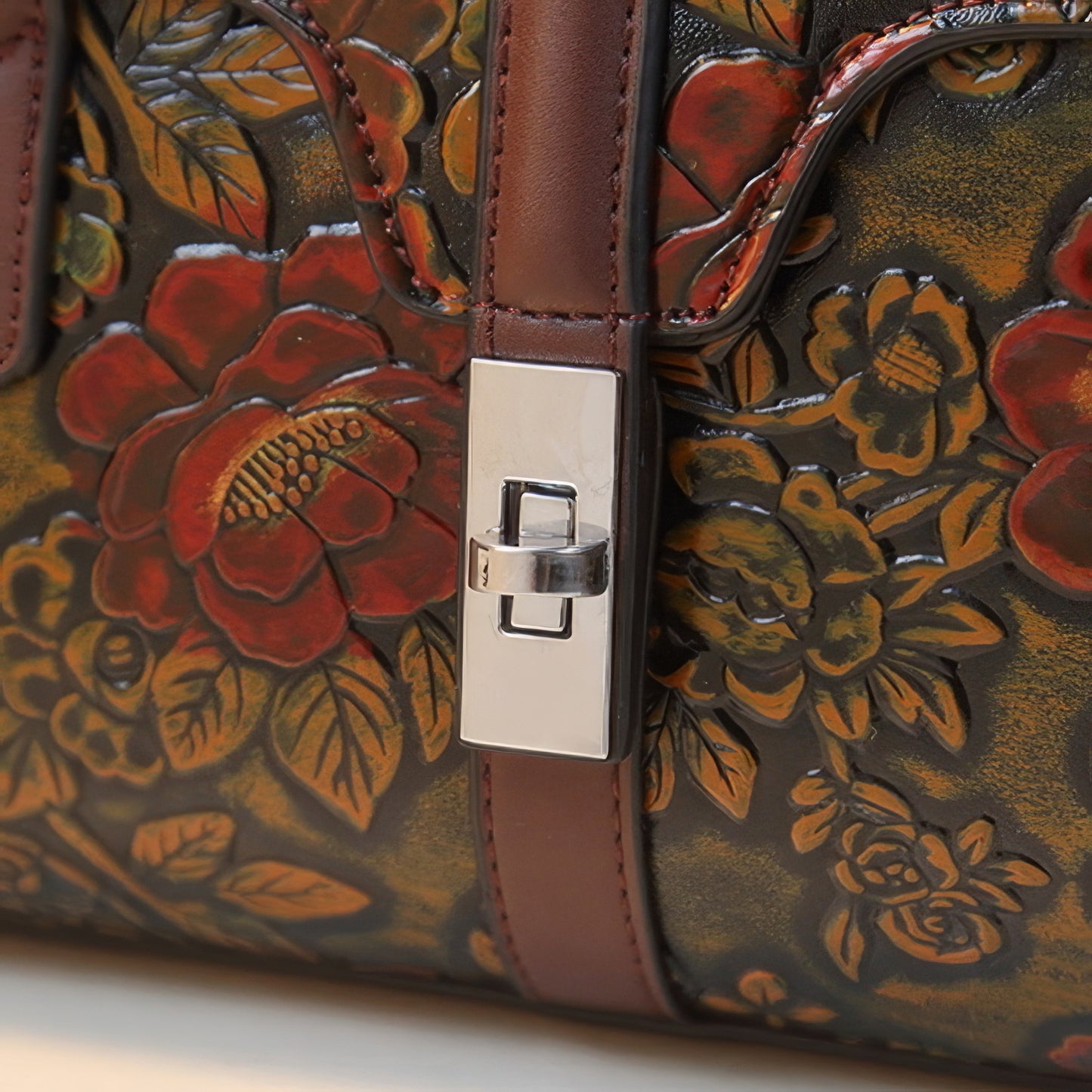 Embossed Vintage Floral Brown Handle Bag
