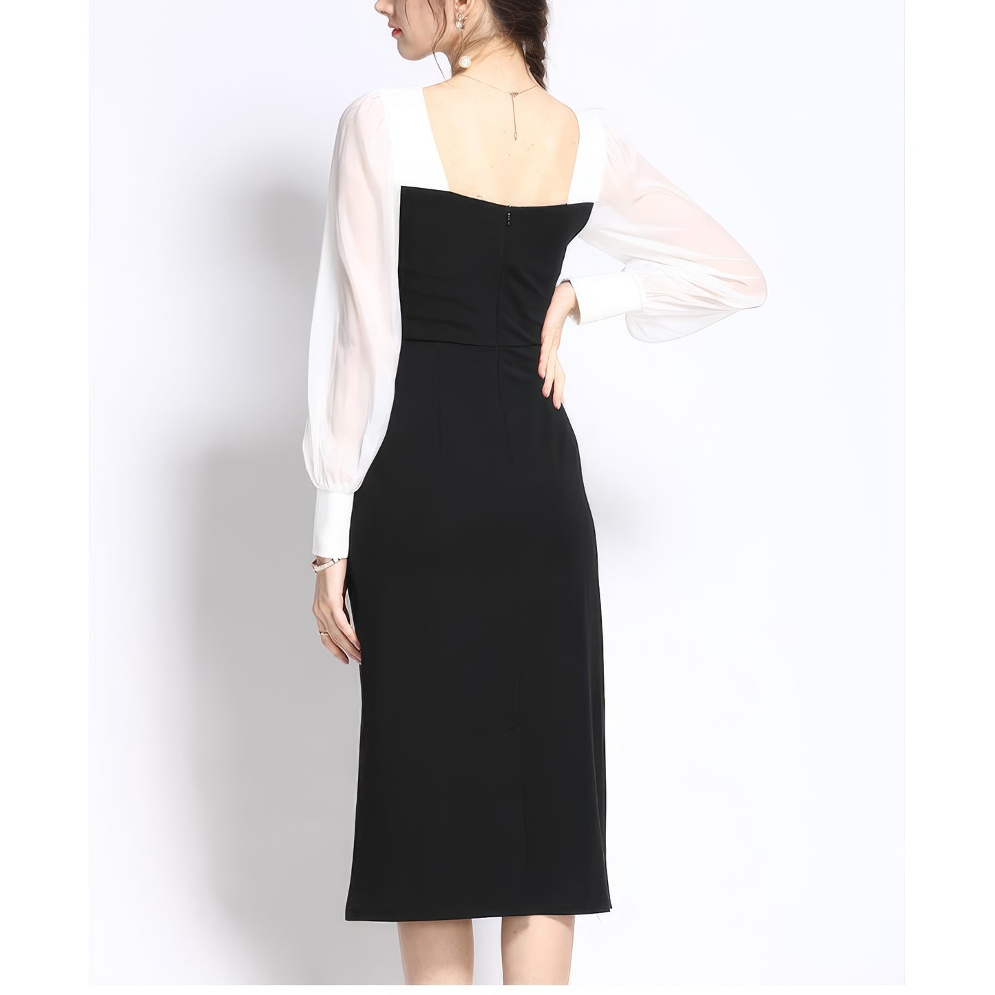 Contrast Chiffon Sleeve Square Neck Dress