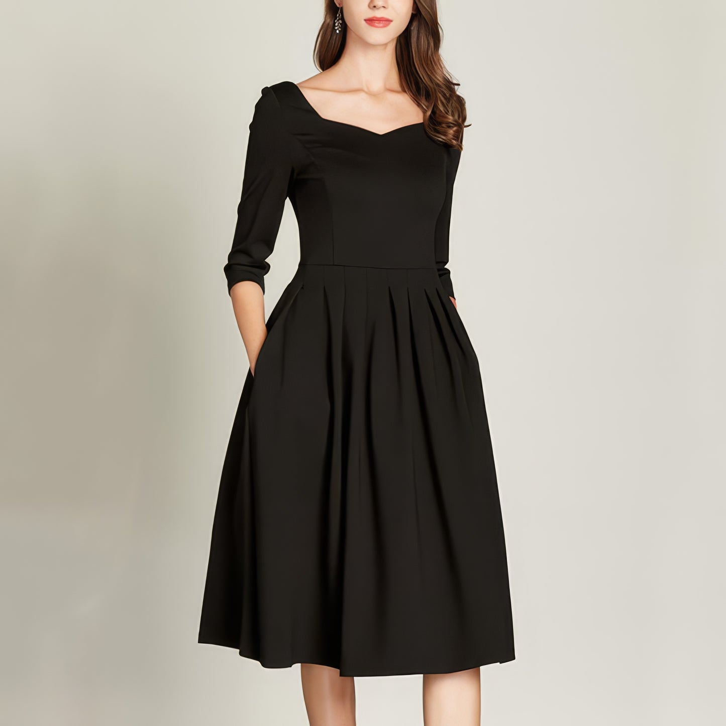 Elegant Pleated Black Midi Dress
