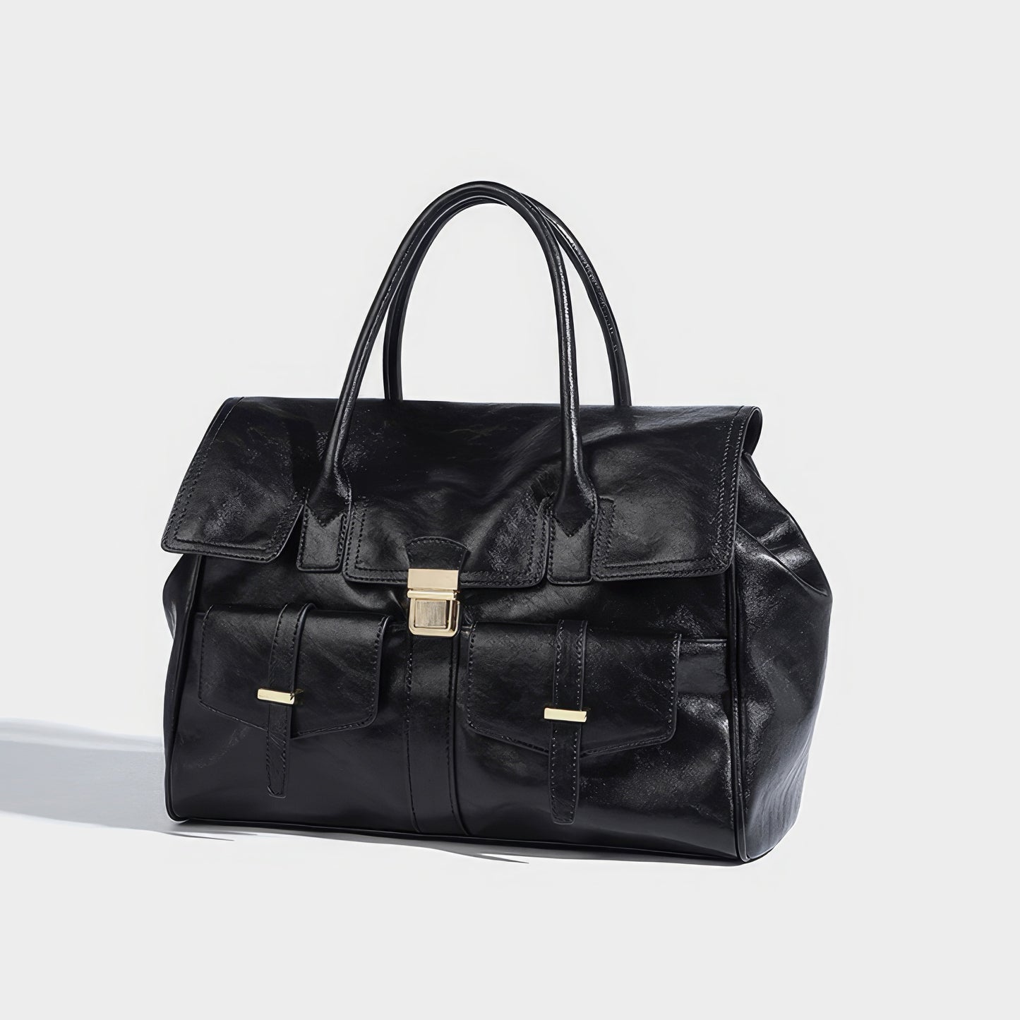 Structured Glossy Pocket Detail Tote Bag