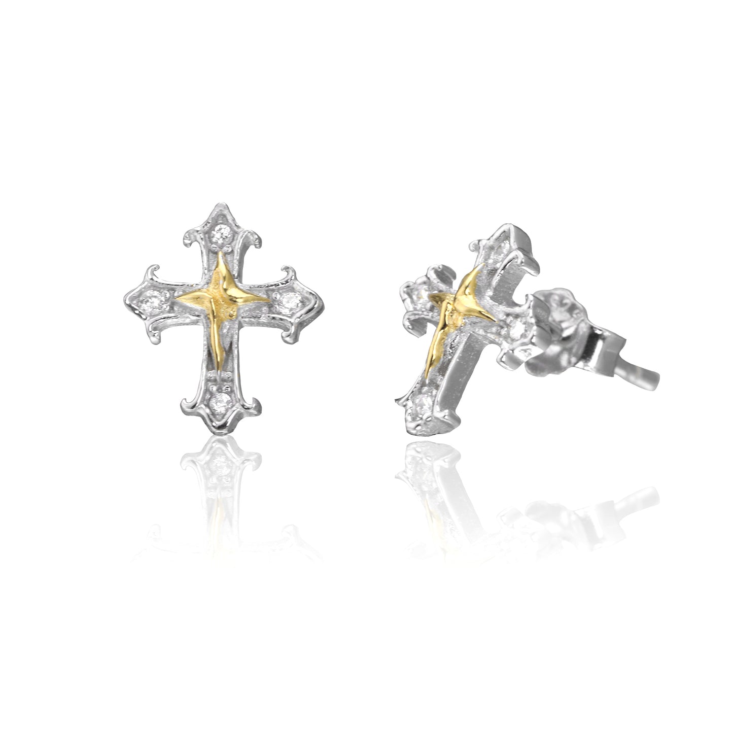 Gold Accent Silver Cross Stud Earrings