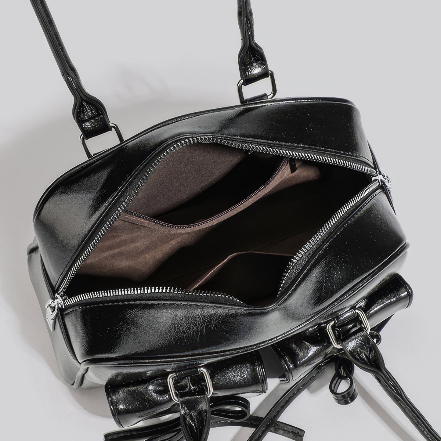 Glossy Bow Pocket Double Strap Shoulder Bag