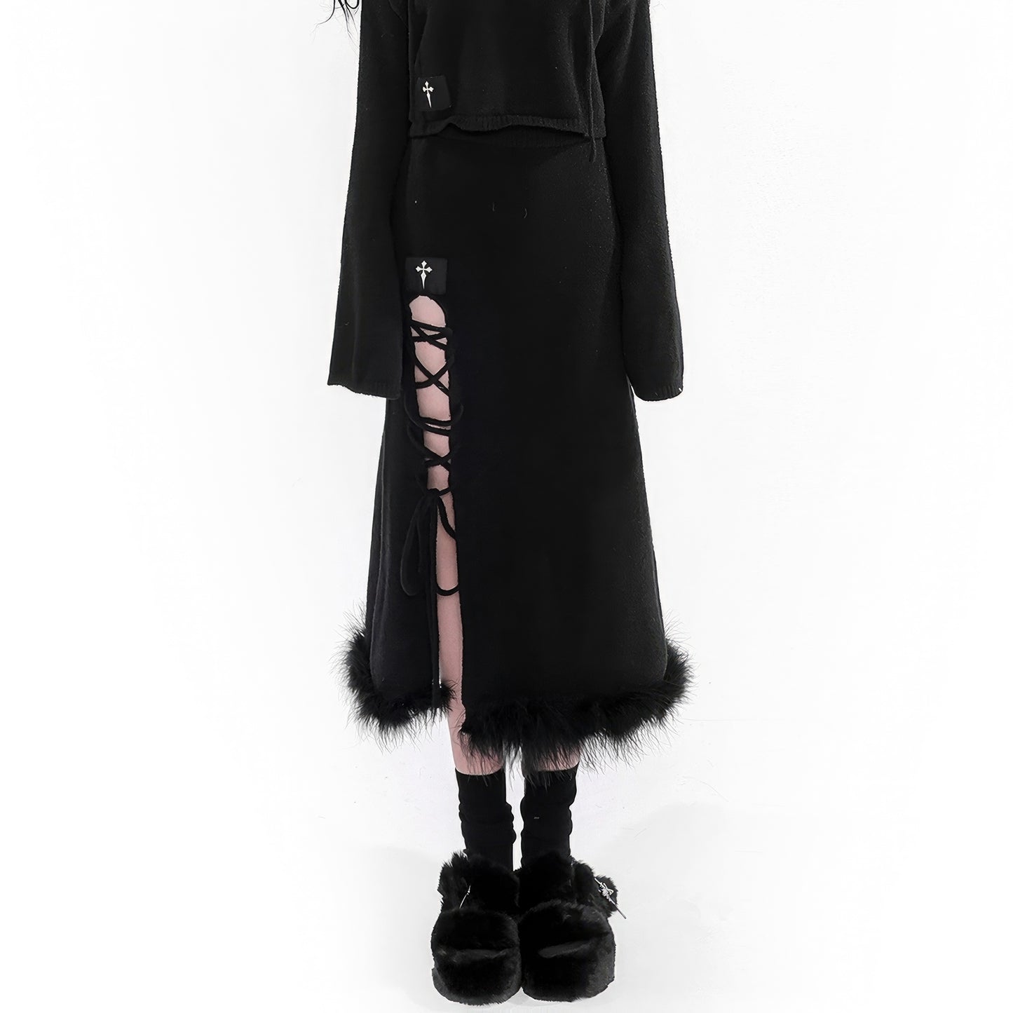 Faux Fur Hem Knit Skirt with Side Lace-Up Detail