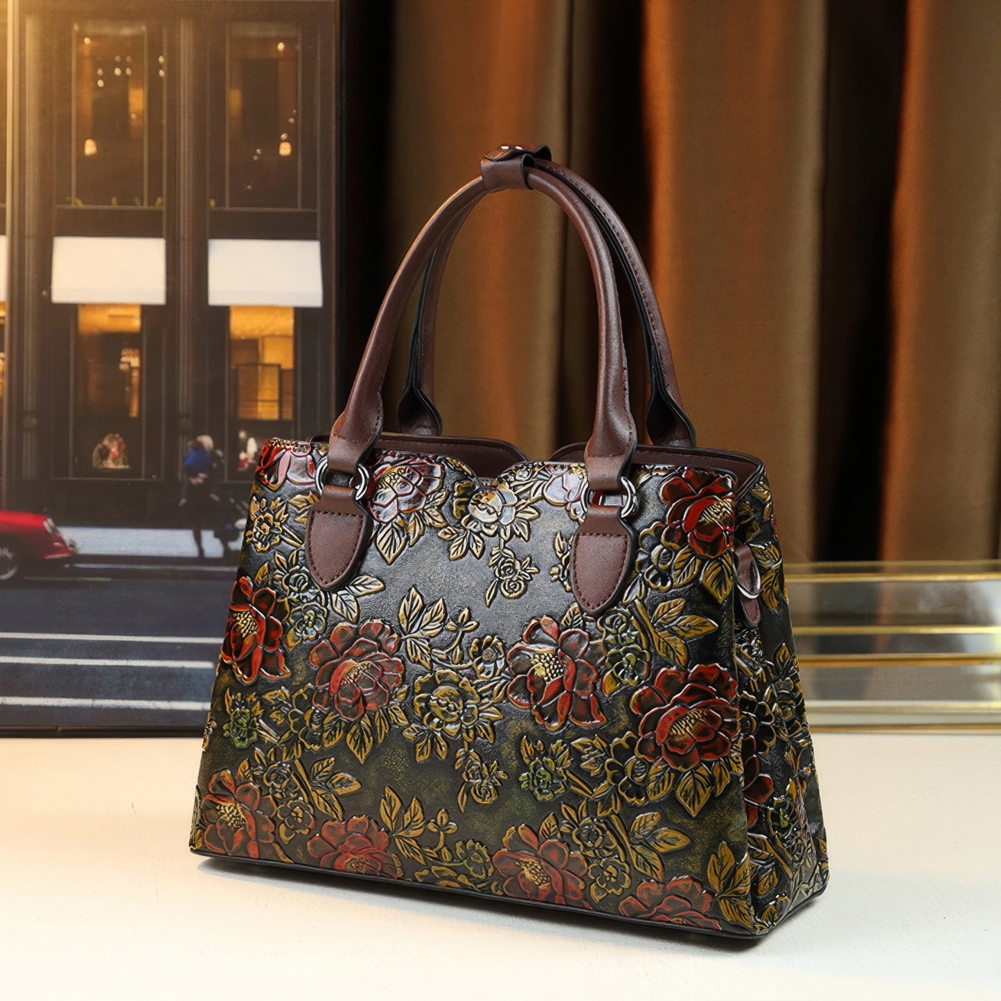 Structured Embossed Floral Shoulder Tote