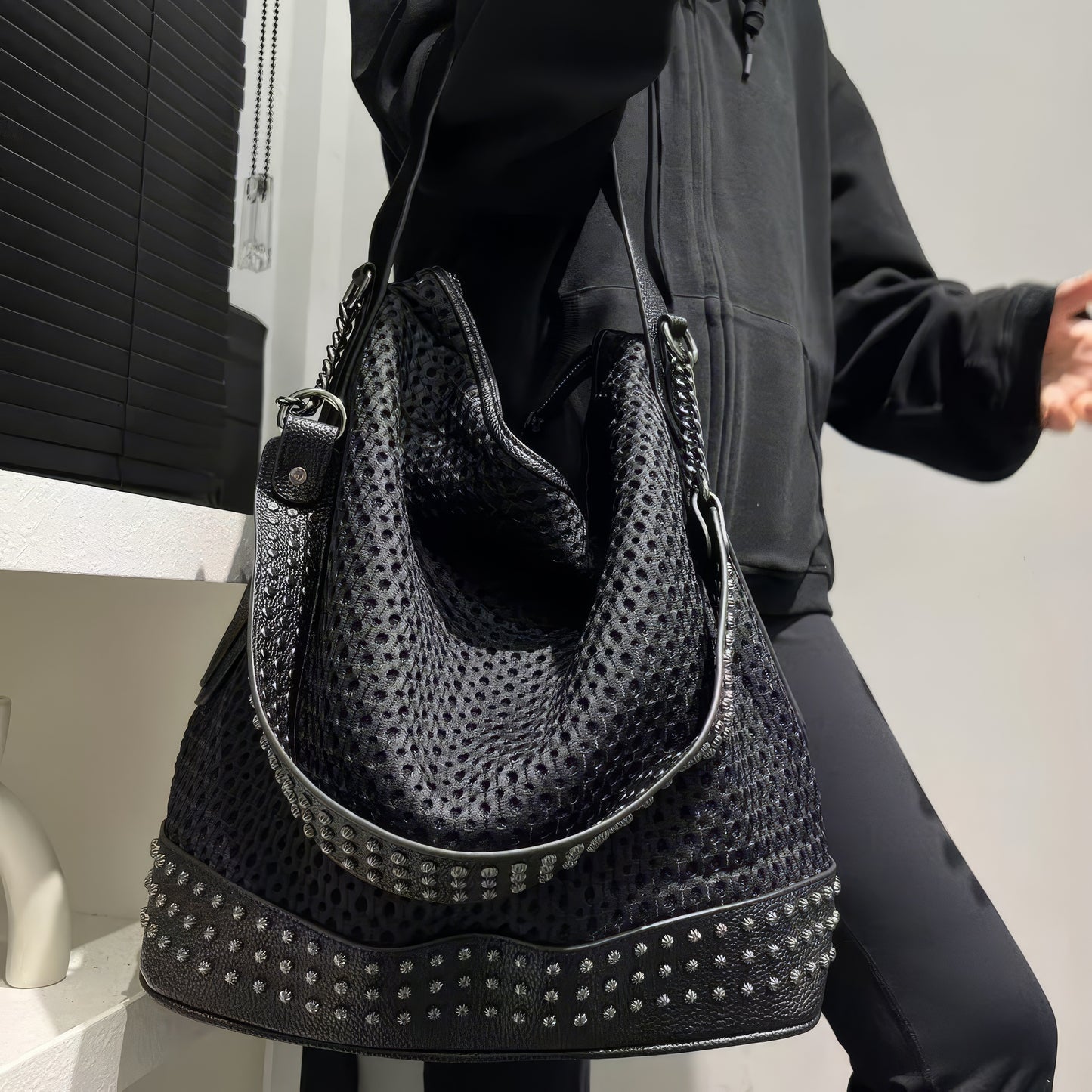 Textured Perforated Stud Shoulder Bag