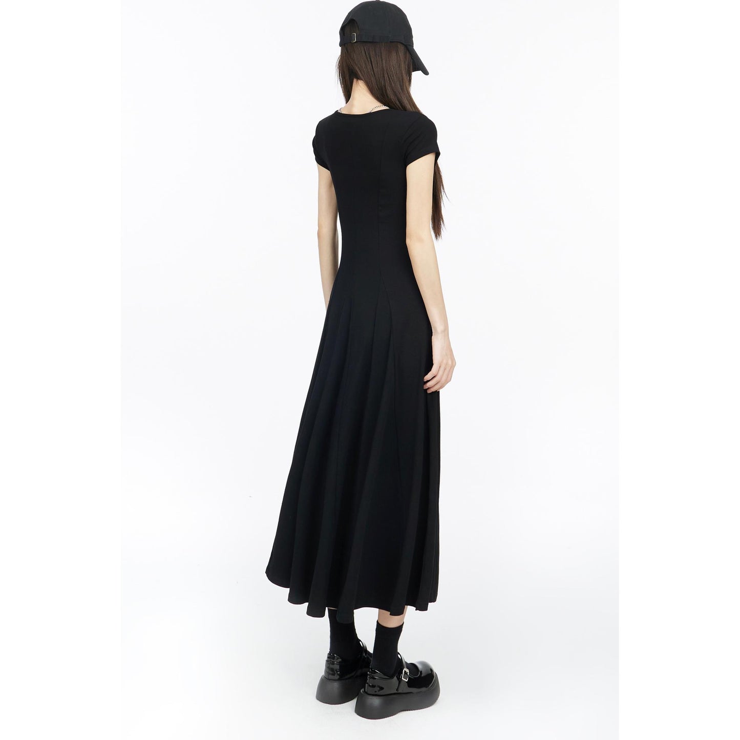 Button Detail Fit and Flare Black Midi Dress