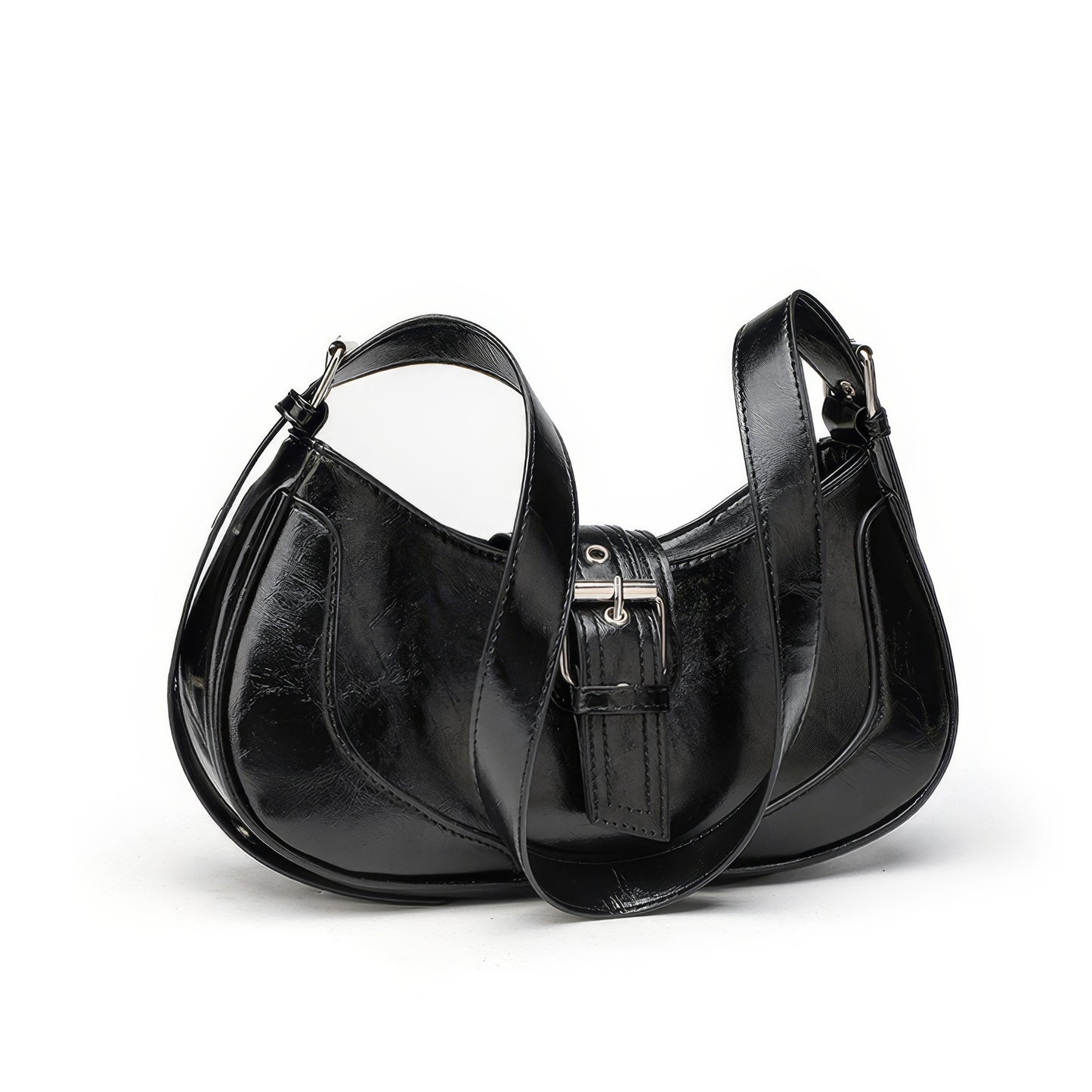 Glossy Buckle Detail Crescent Bag