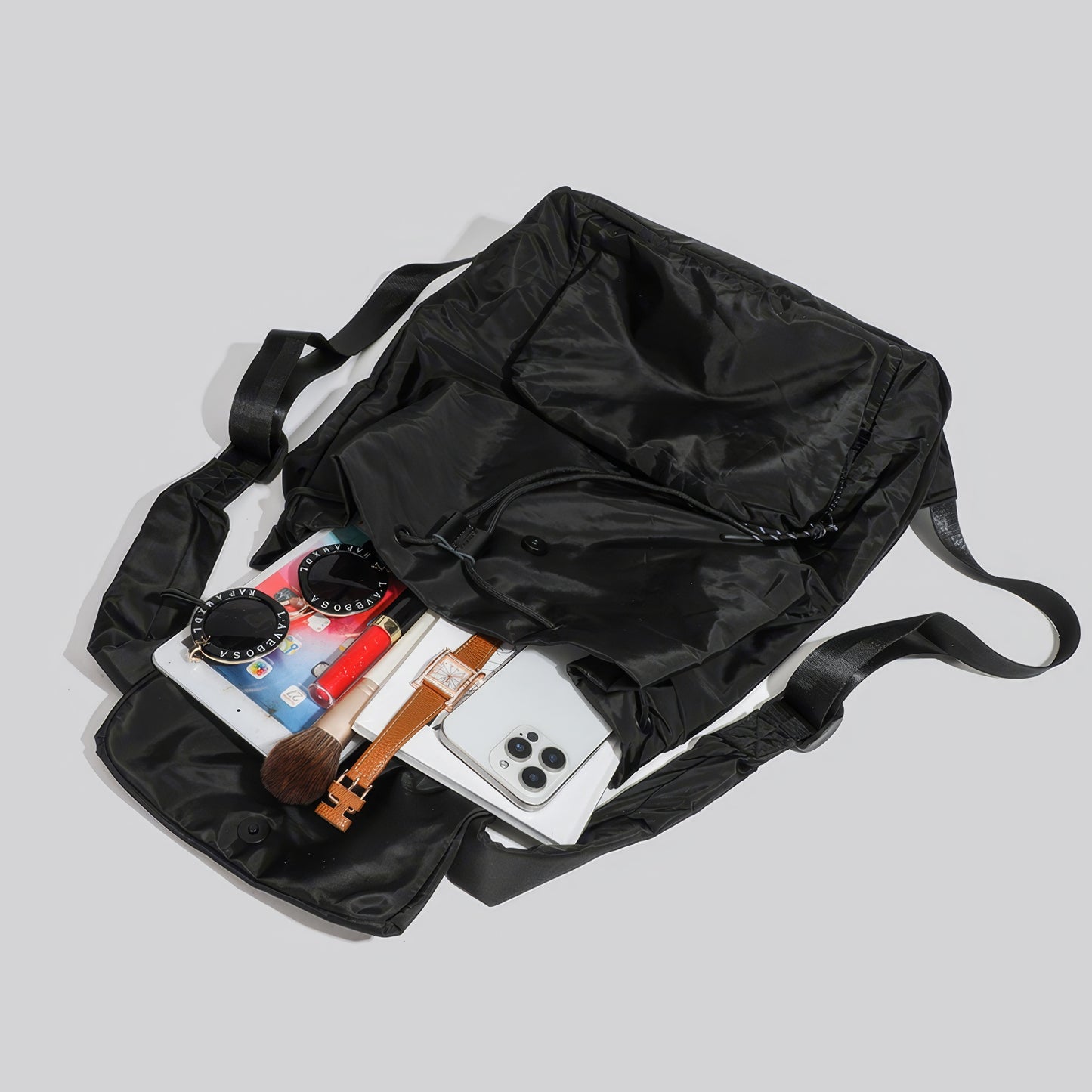 Matte Nylon Drawstring Flap Backpack