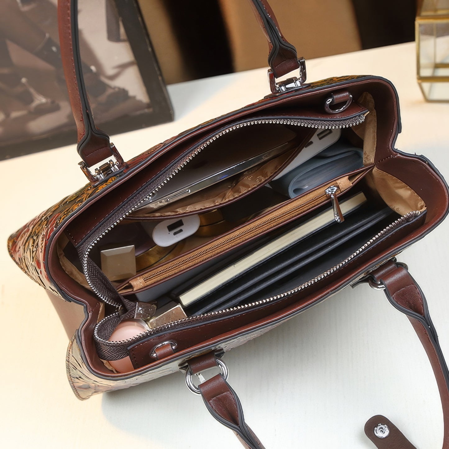 Embossed Rose Pattern Curved Handle Bag