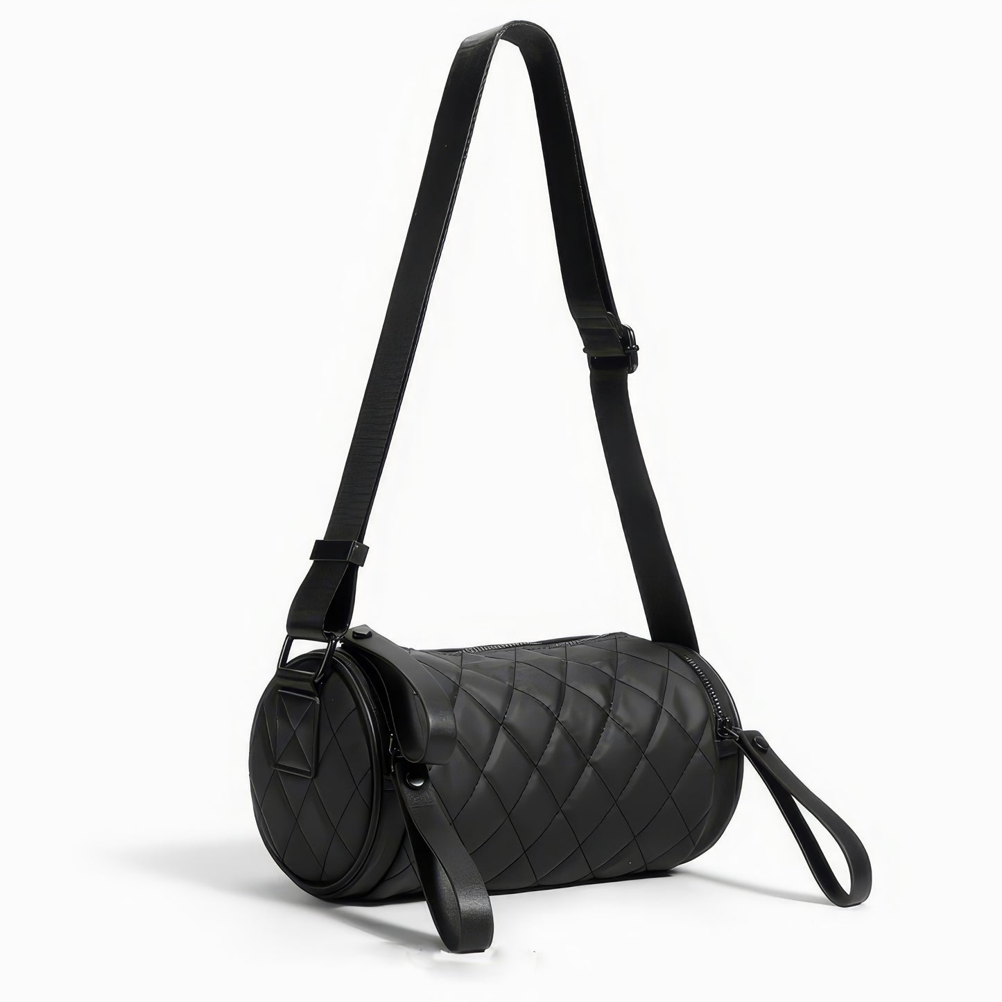 Quilted Barrel-Shaped Black Crossbody Bag