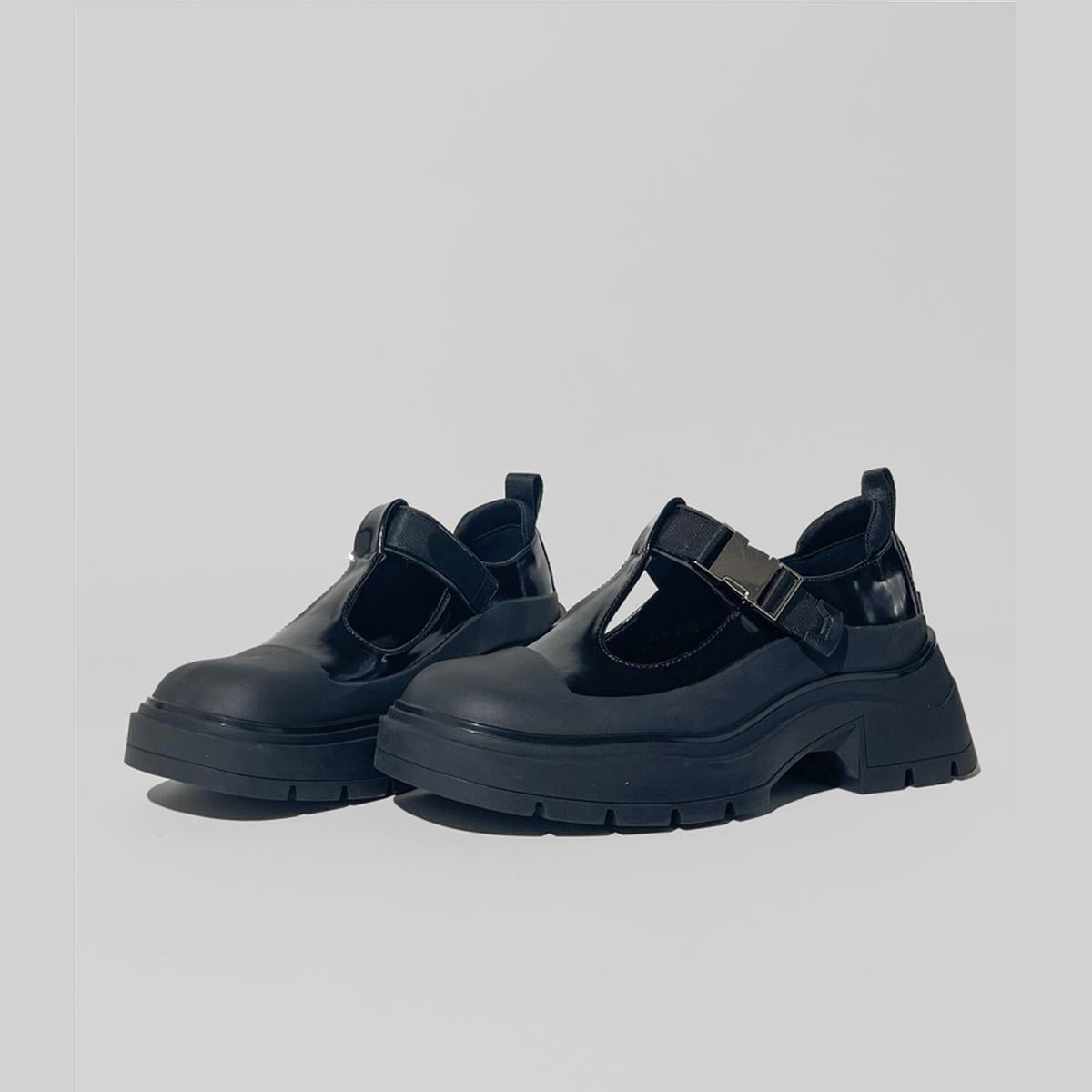 Black Patent Chunky T-Strap Shoes