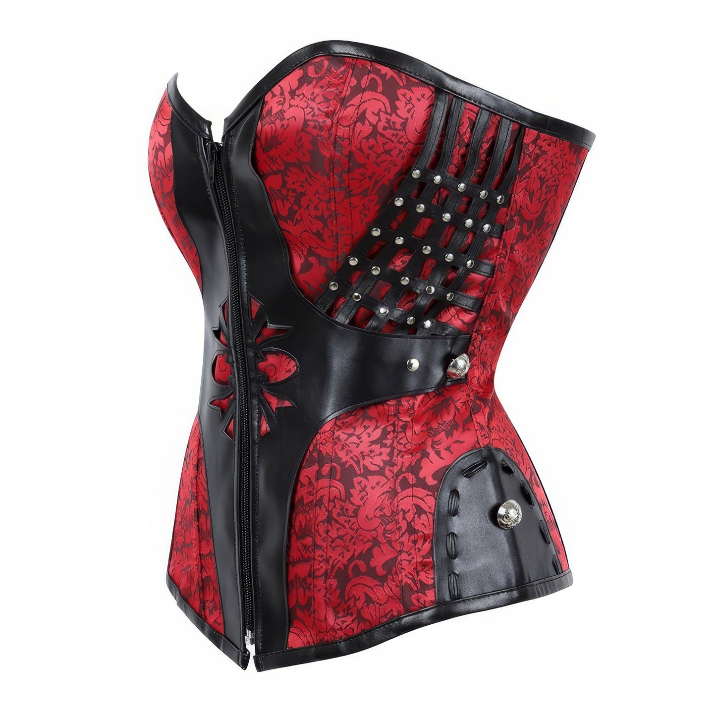 Red Faux Leather Studded Brocade Corset